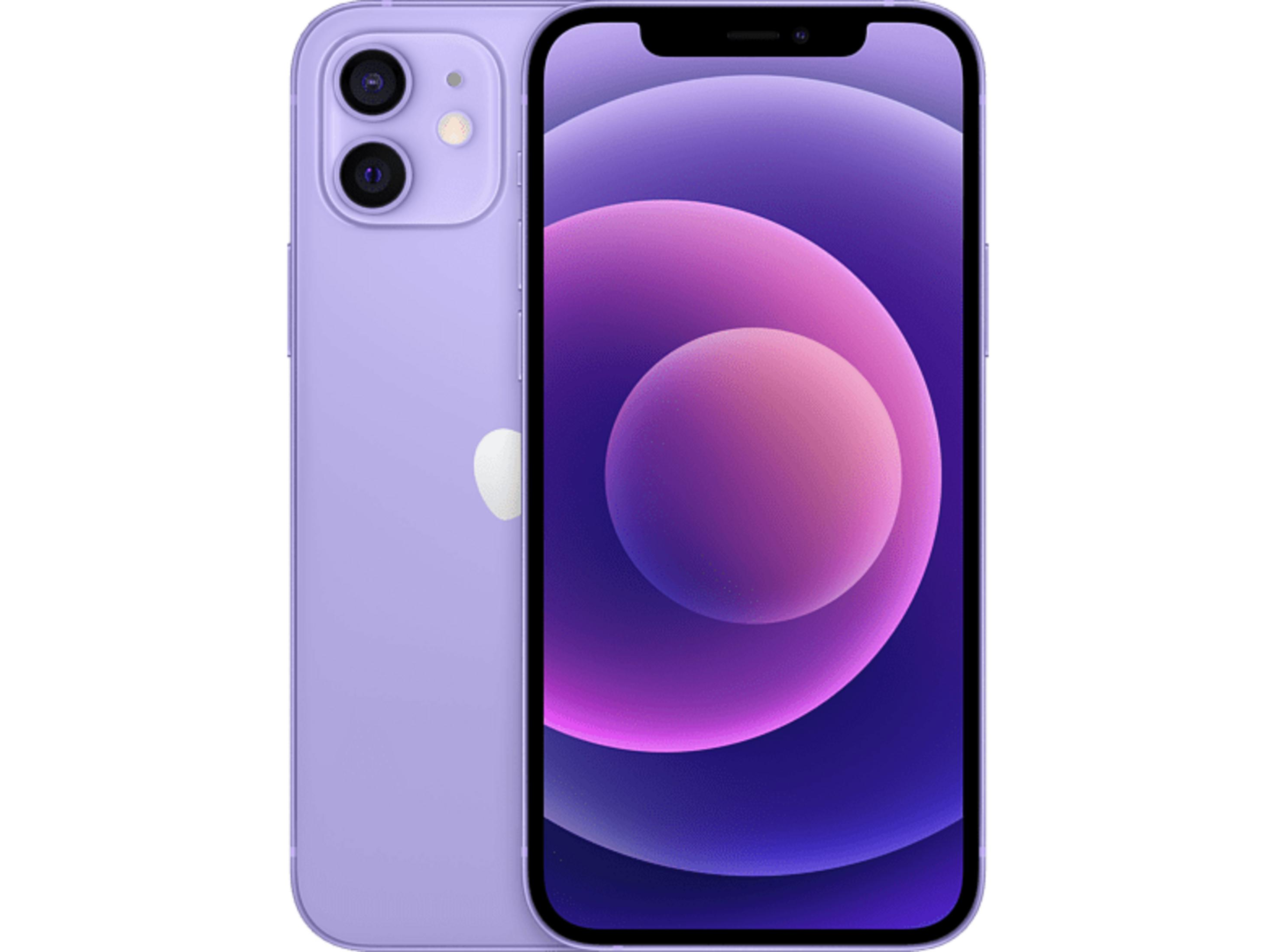 Un iPhone 12 viola con due fotocamere e uno sfondo viola.
