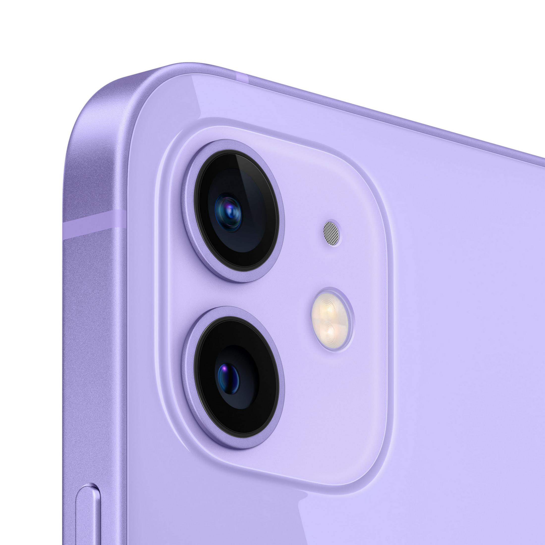 Primo piano del retro di un iPhone viola con doppia fotocamera, flash e microfono.