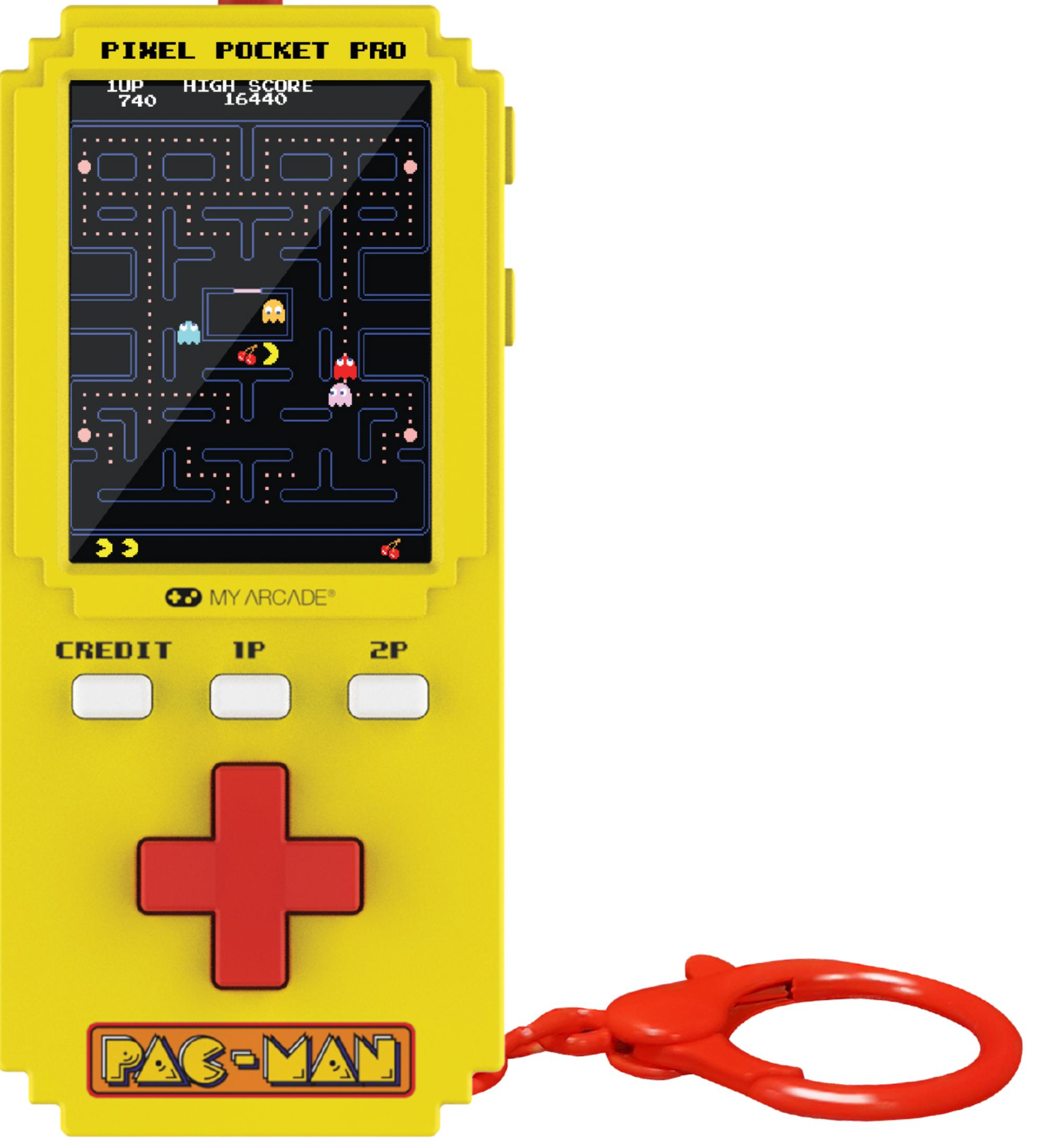 Dispositivo portatile giallo Pac-Man con D-pad rosso e portachiavi.