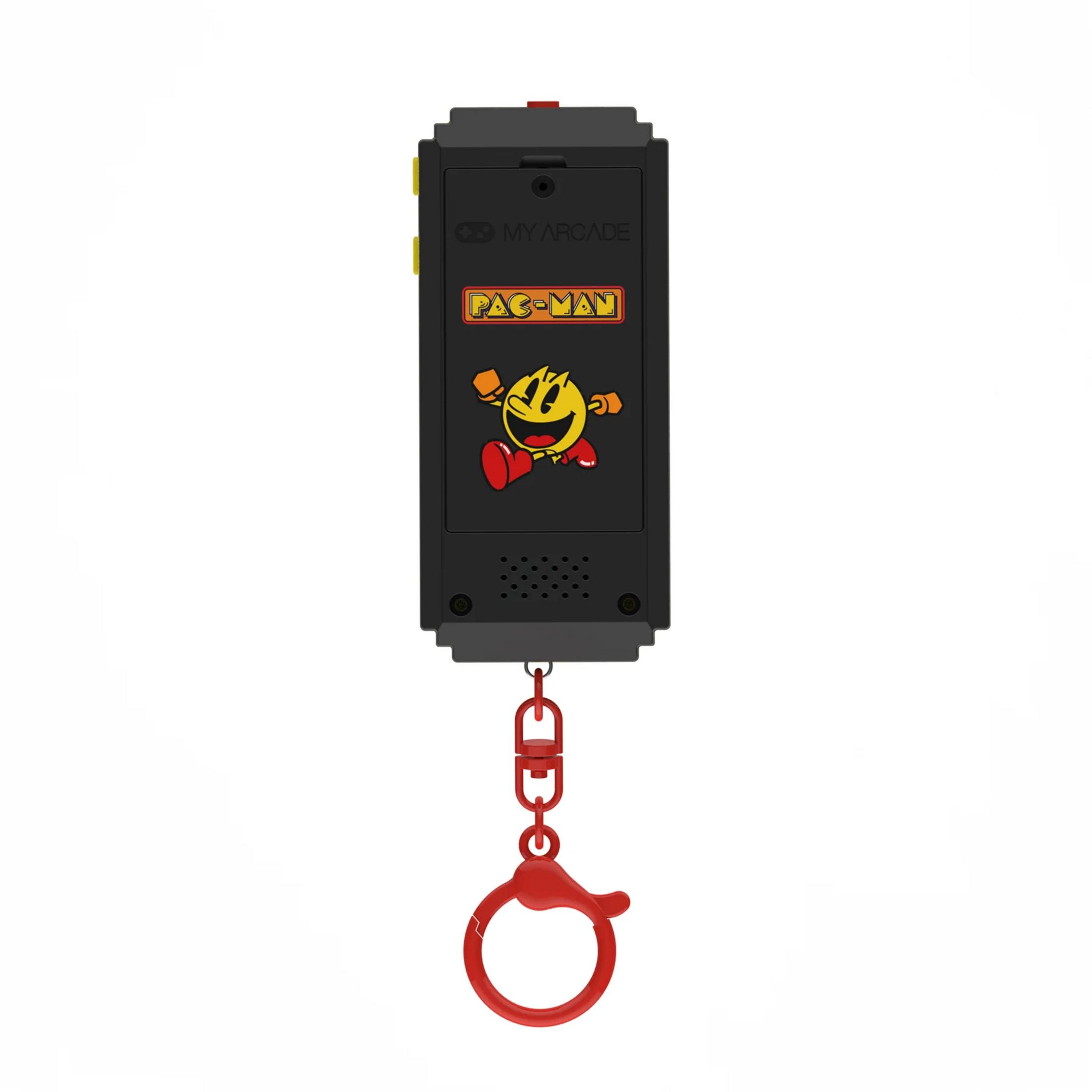 Lettore portatile My Arcade Pac-Man nero con portachiavi rosso.