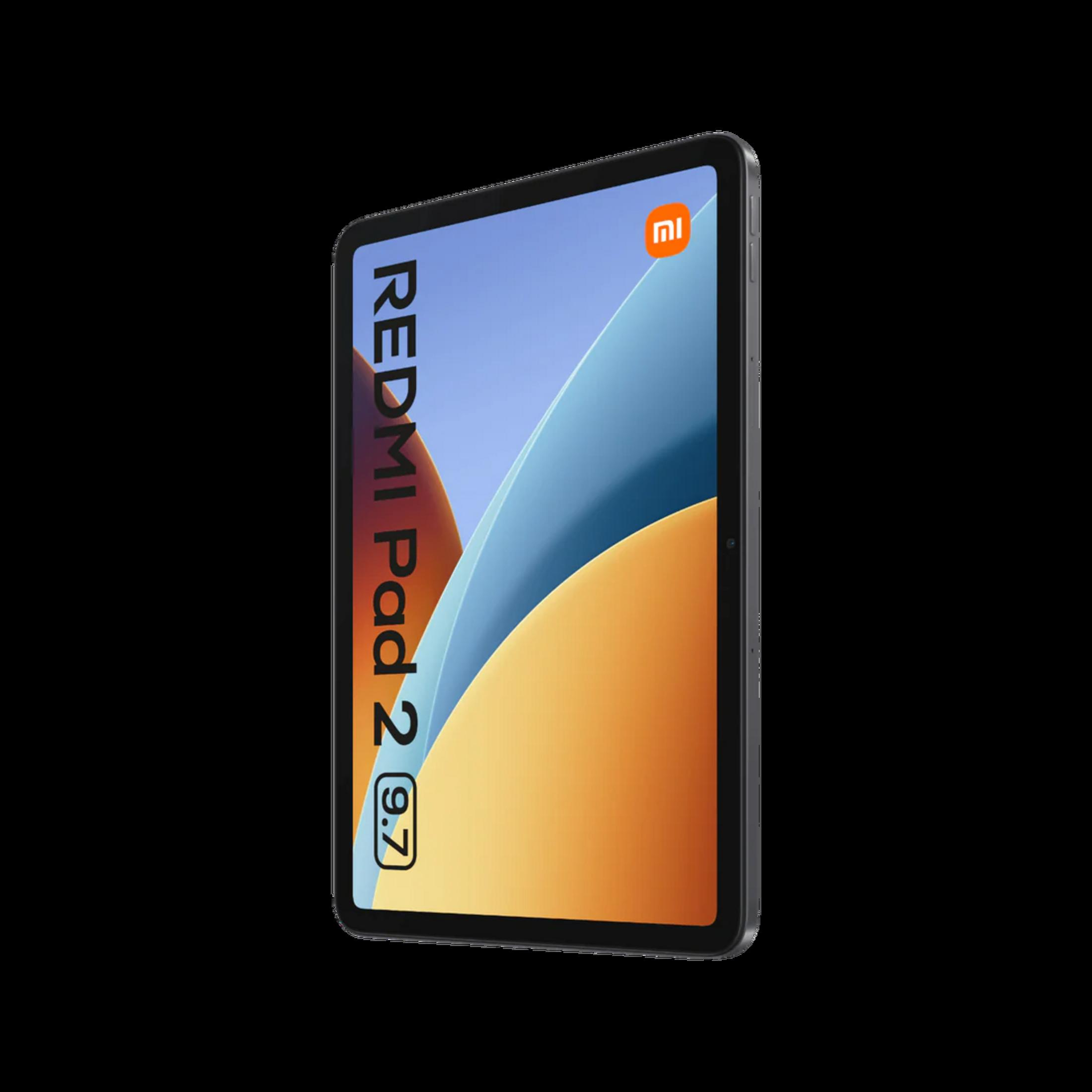 Tablet grigio con sfondo blu e arancione, mostra "REDMI Pad 2 (9.7)".
