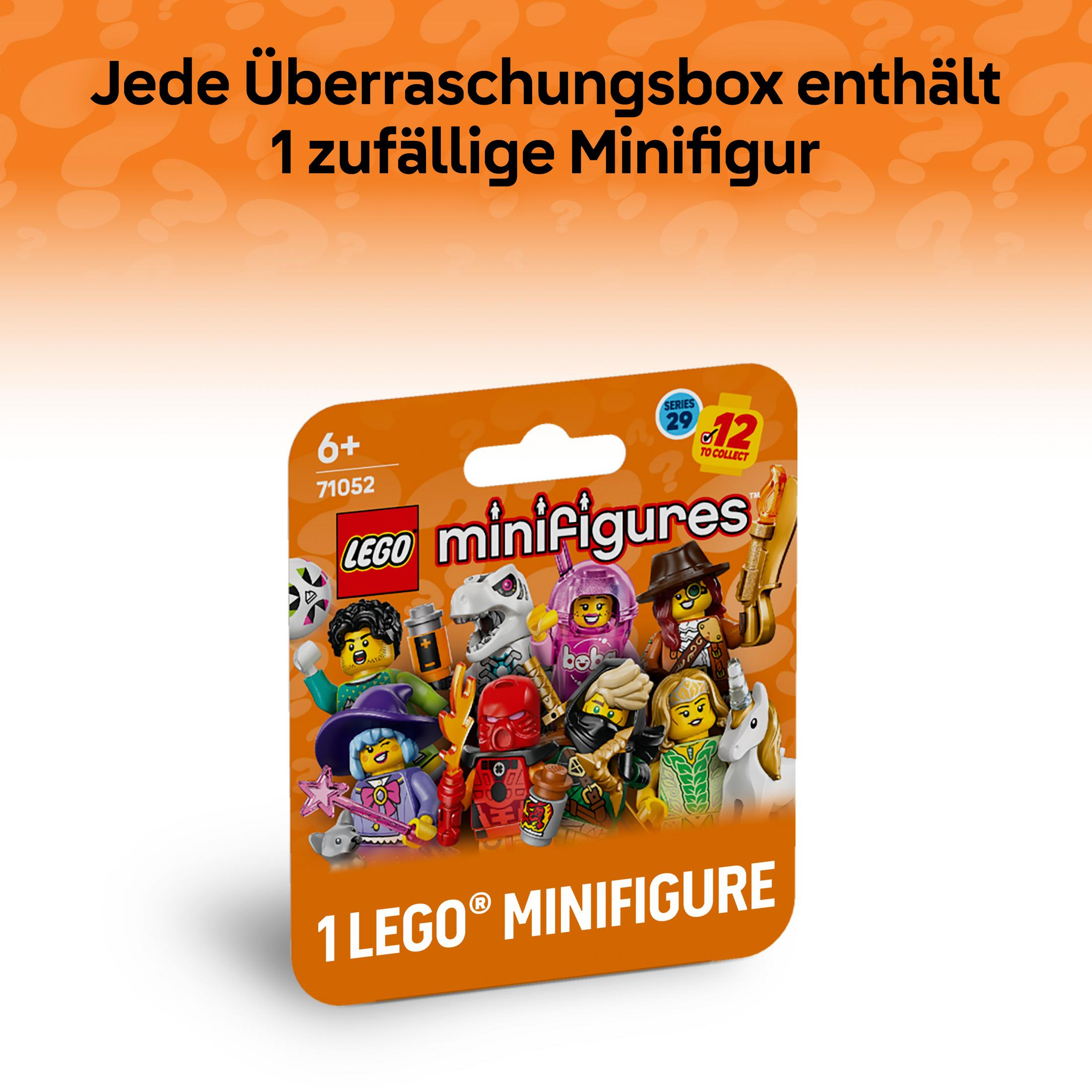 Paquete que muestra varias minifiguras de Lego con el texto: 'Cada caja sorpresa contiene 1 minifigura aleatoria'.