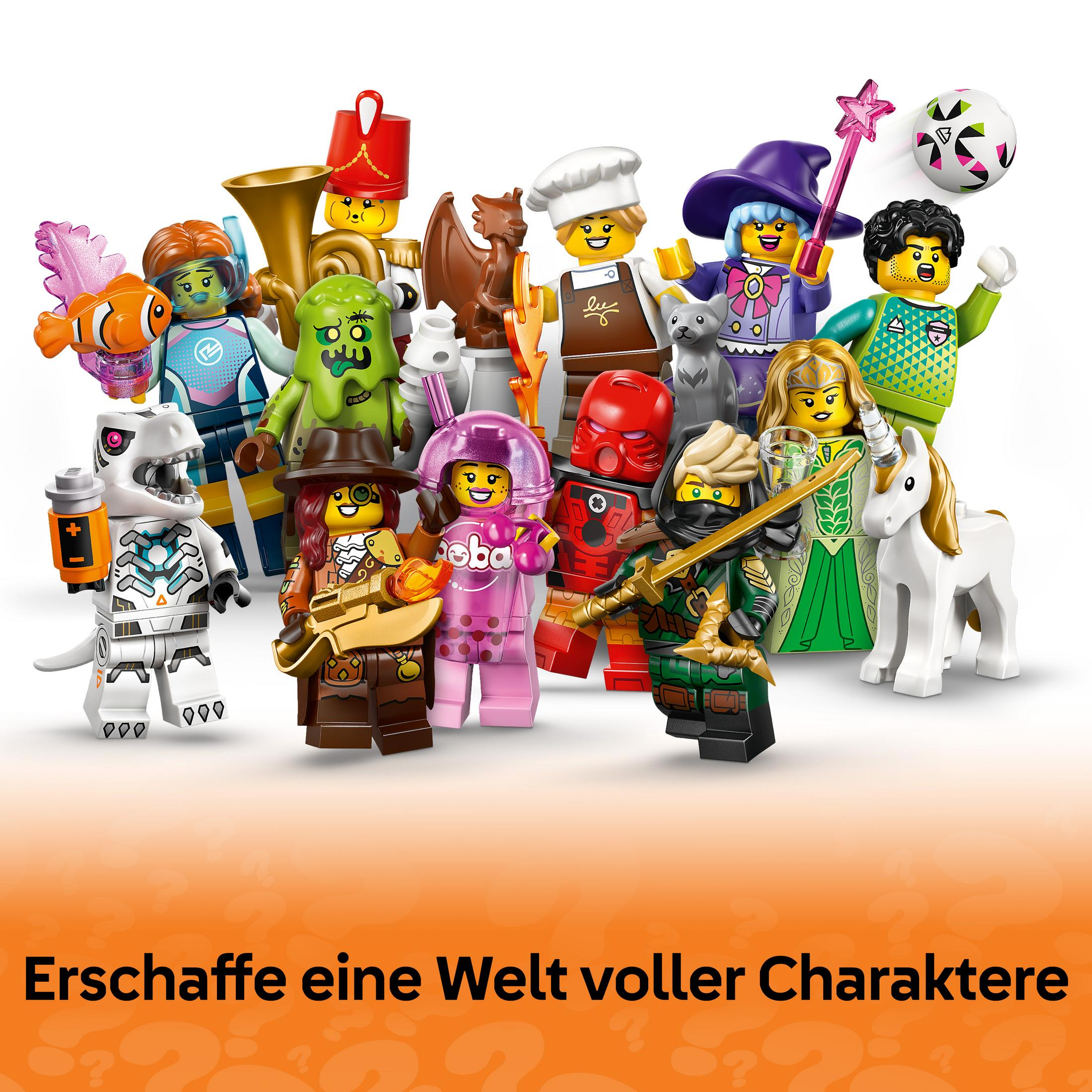 Figuras coloridas de Lego: chef, mago, caballero, dinosaurio, futbolista.