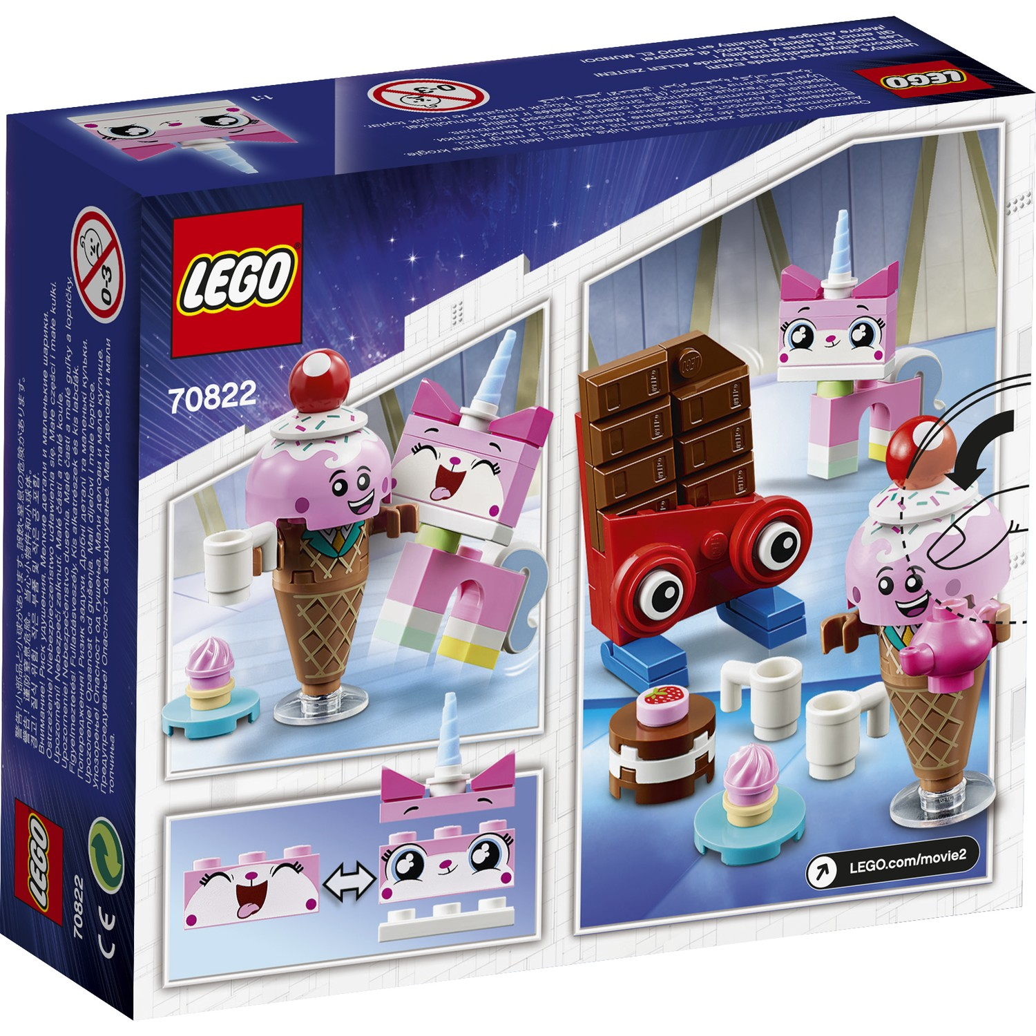 Set LEGO con figure colorate, gelati e barrette di cioccolato su sfondo blu.