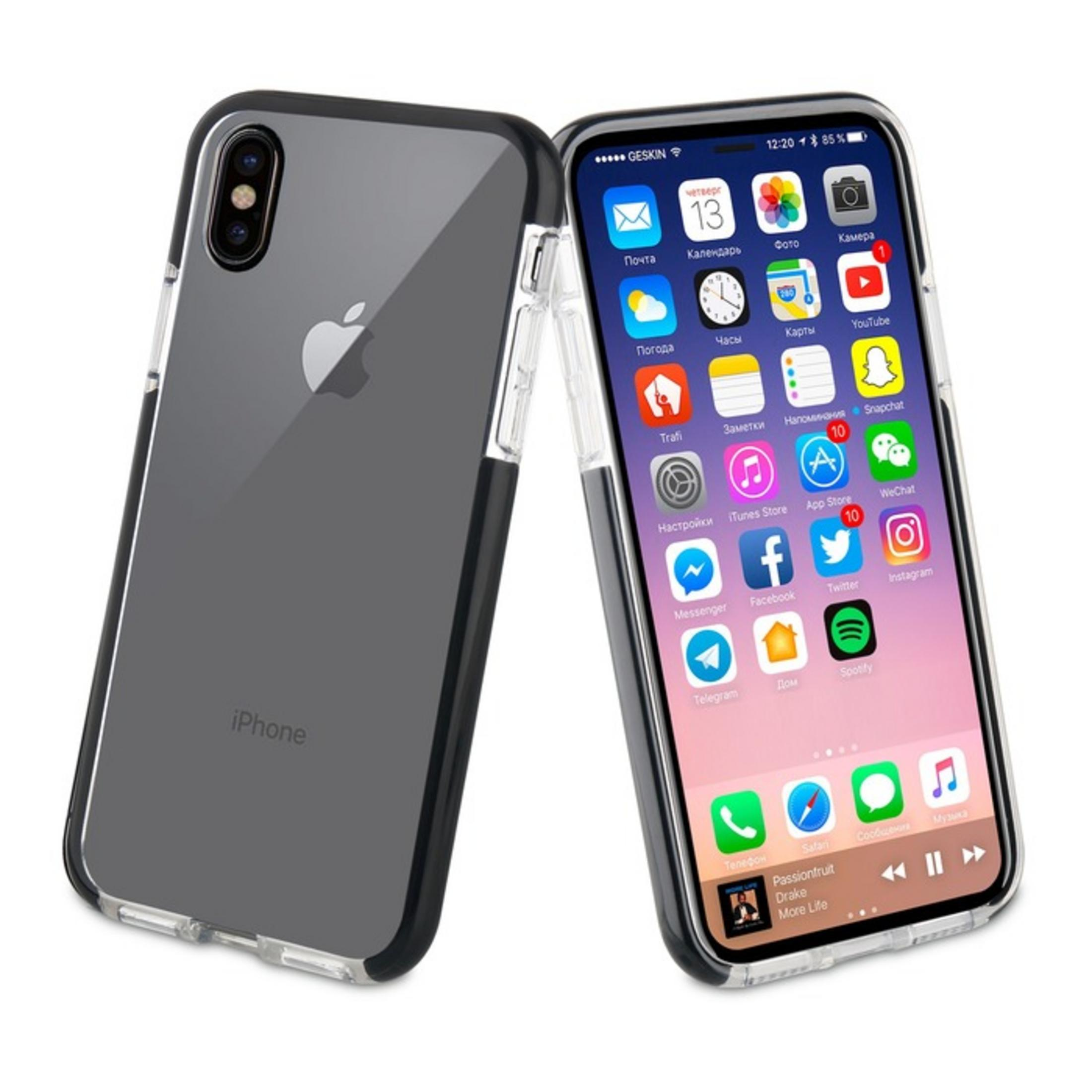 Un iPhone in una custodia trasparente, con molte icone di app sullo schermo.