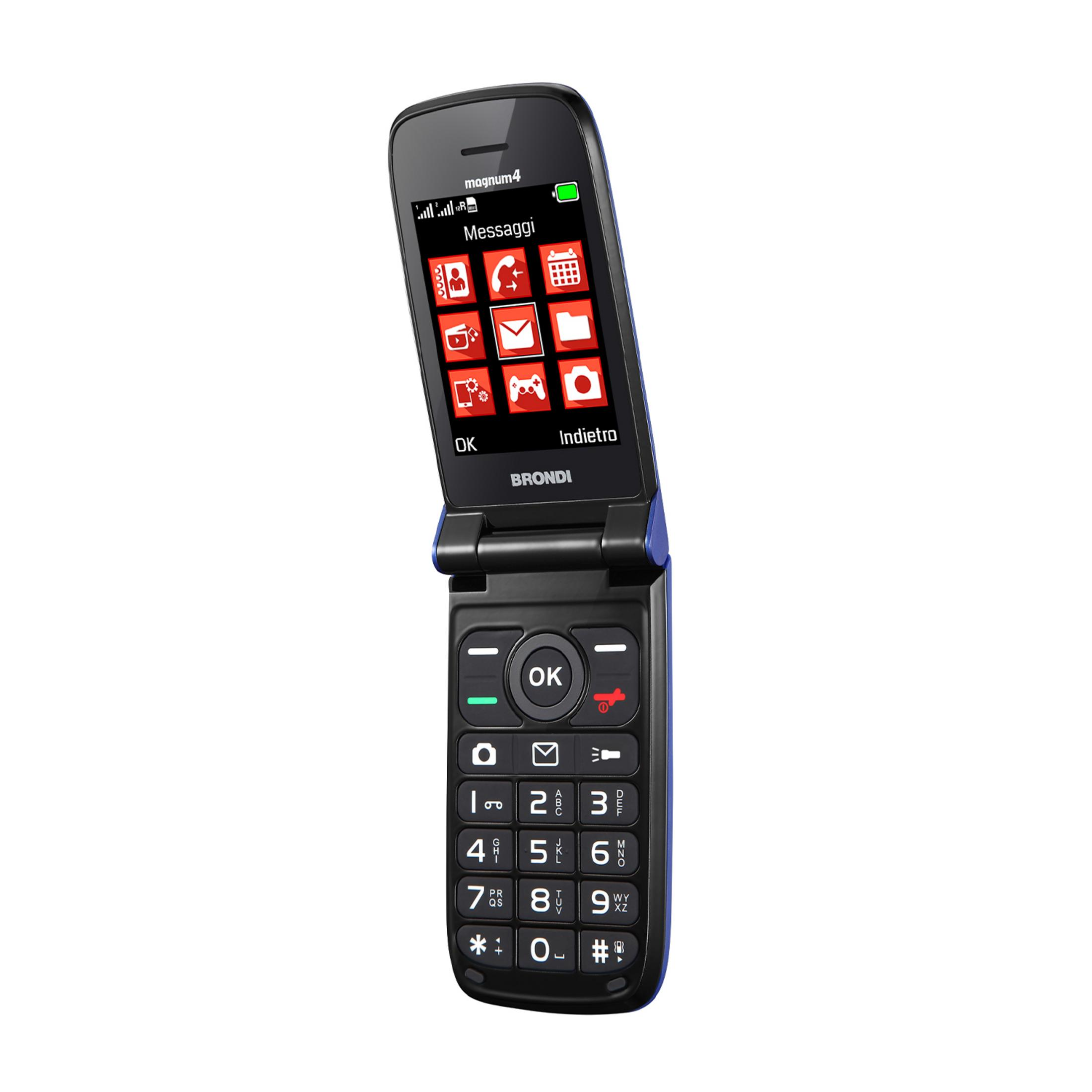 Czarny telefon klapkowy z niebieskimi akcentami stoi na białym tle.