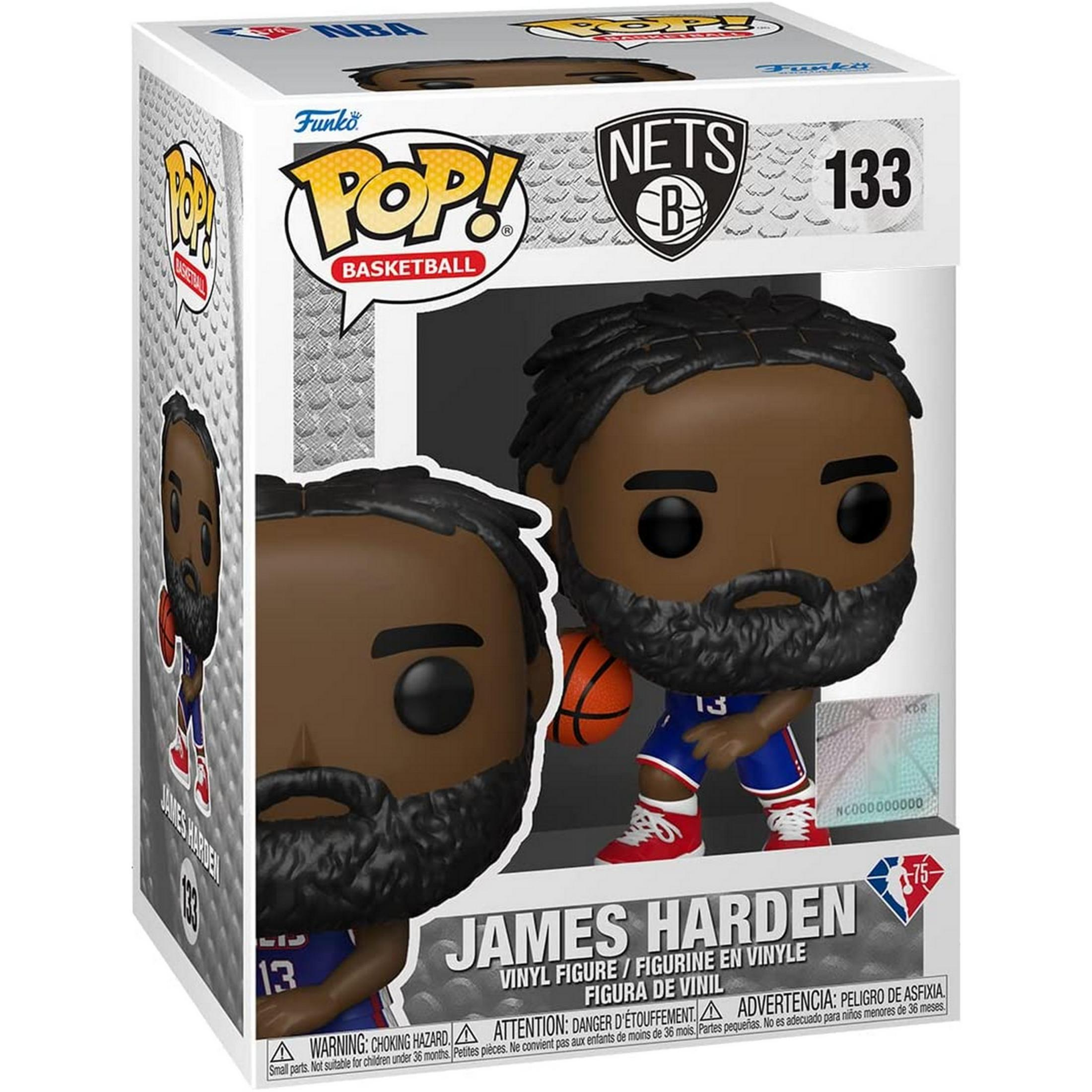 Funko Pop Vinyl Figur von James Harden, hält einen Basketball, trägt Nets-Trikot.