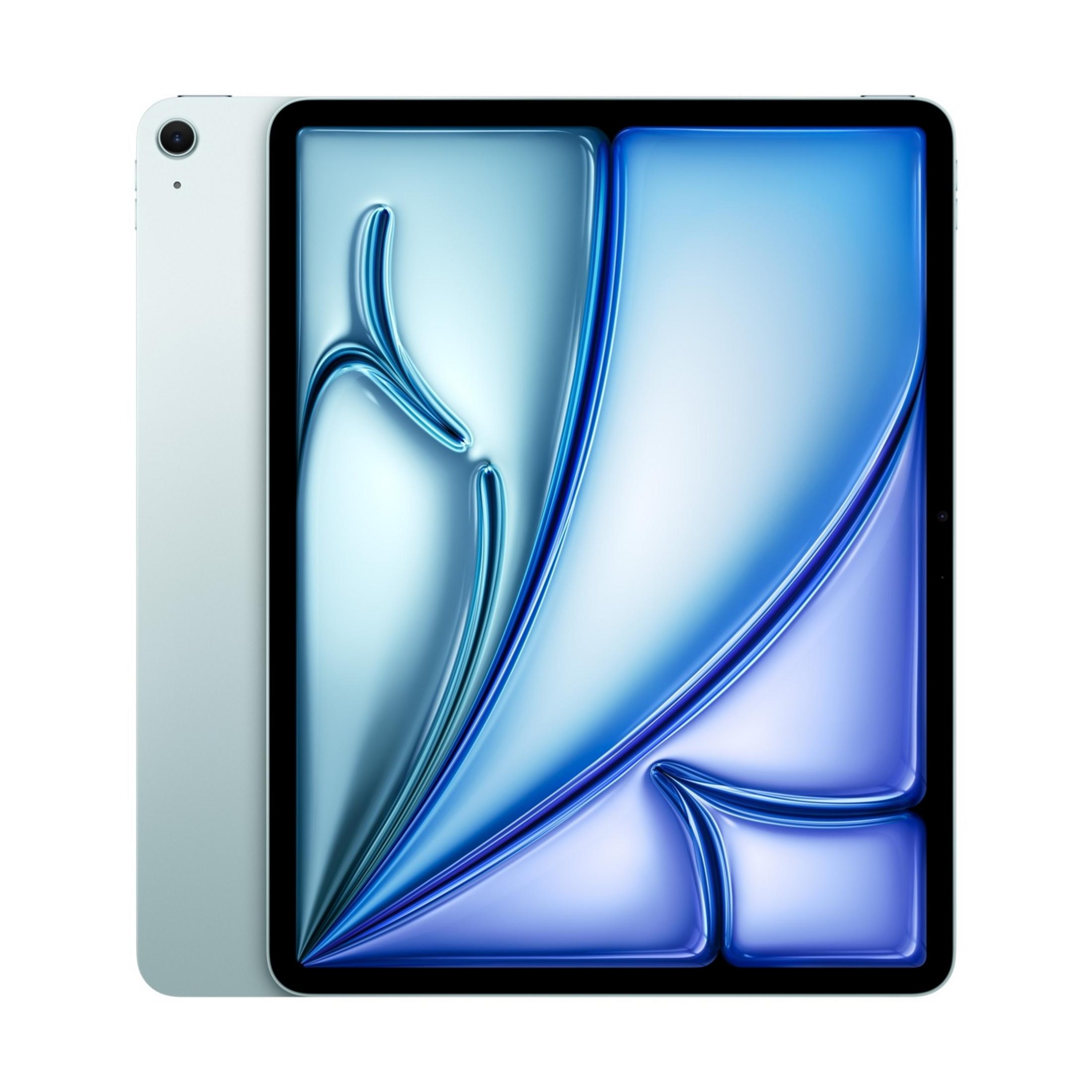 Ein hellblaues Tablet wird schräg gezeigt und zeigt ein farbenfrohes abstraktes Hintergrundbild.