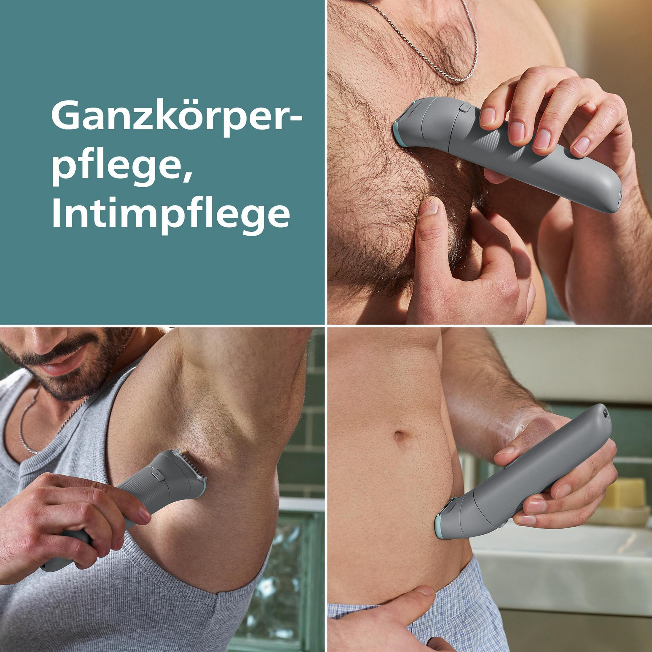 Mann trimmt Körperhaare mit Trimmer: Brust, Achseln, Bauch.