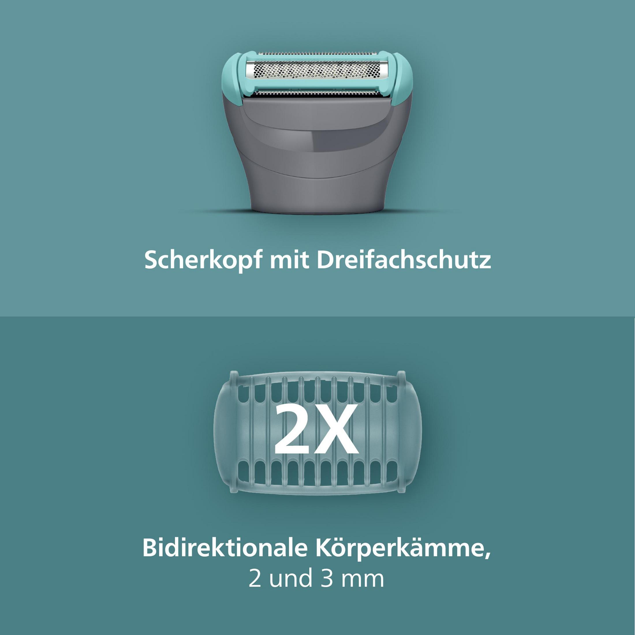 Scherkopf mit Dreifachschutz und 2x bidirektionale Körperkämme, 2 und 3 mm.
