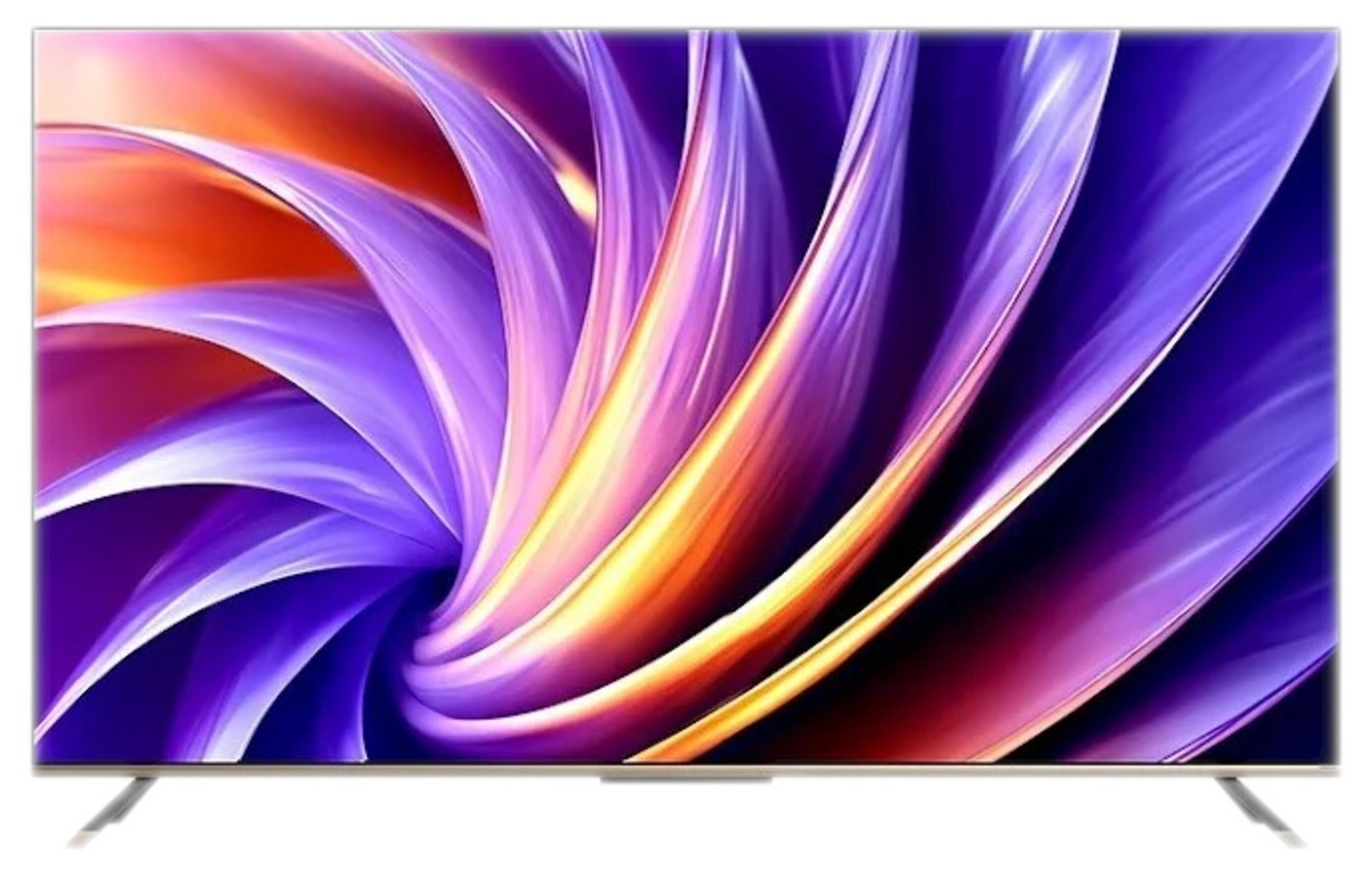 Un televisor moderno con un patrón abstracto y arremolinado en tonos púrpuras, naranjas y dorados.