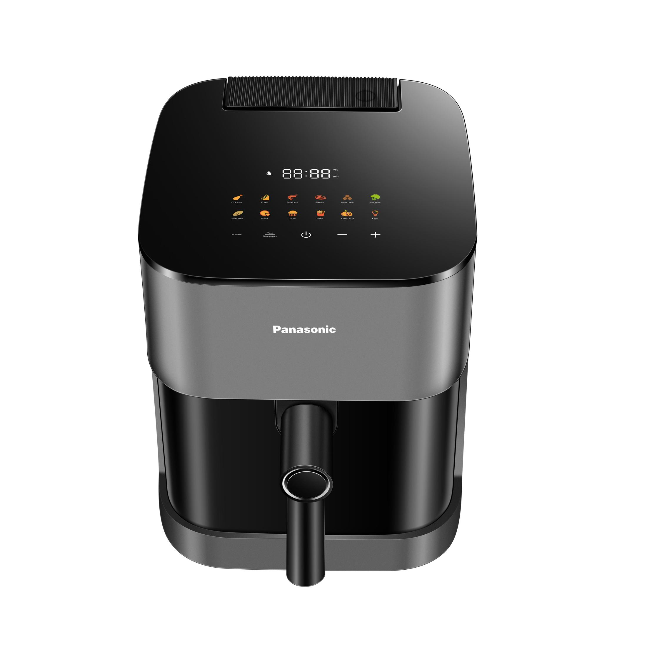 Una freidora de aire Panasonic negra con pantalla táctil que muestra programas de cocina.