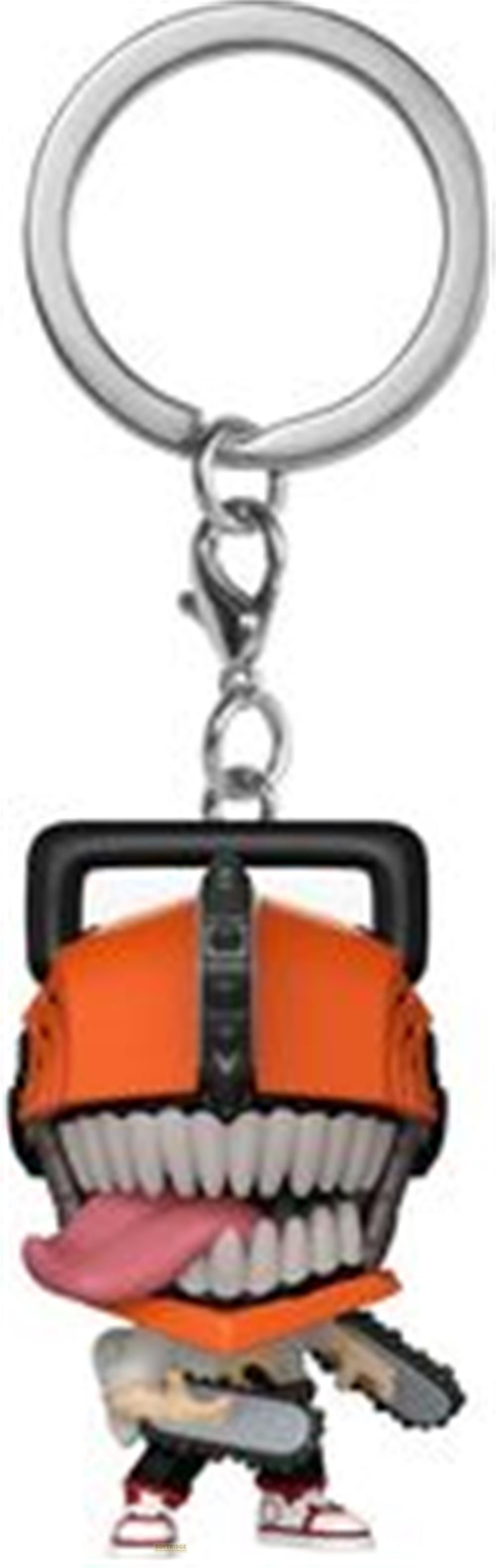 Ein Schlüsselanhänger mit einer kleinen orangefarbenen Figur mit einer Kettensäge als Arme und einem großen Mund.