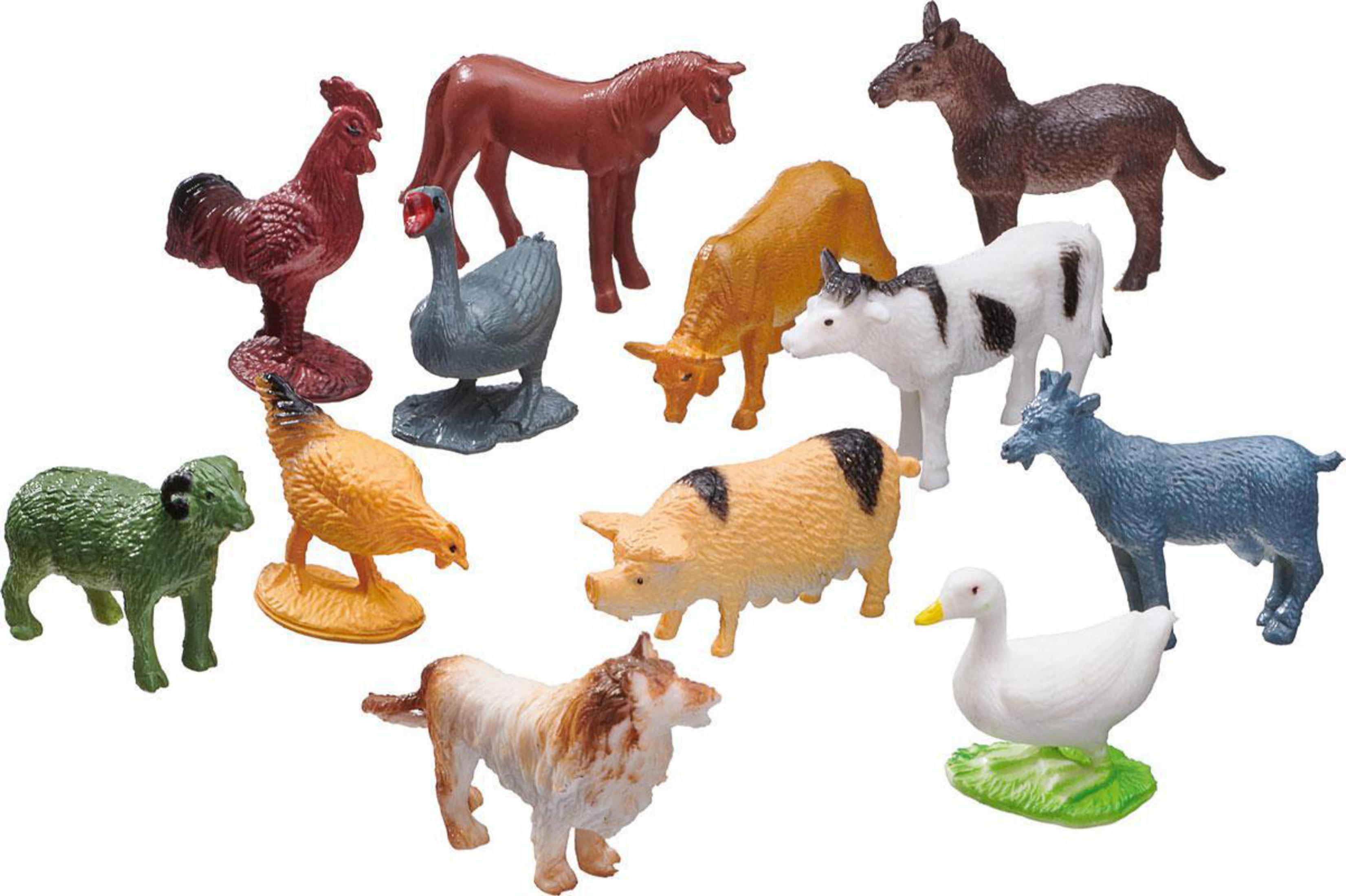 Animali da fattoria giocattolo: gallo, cavallo, capra, oca, mucca, maiale, pecora, pollo, anatra, lupo, vitello.