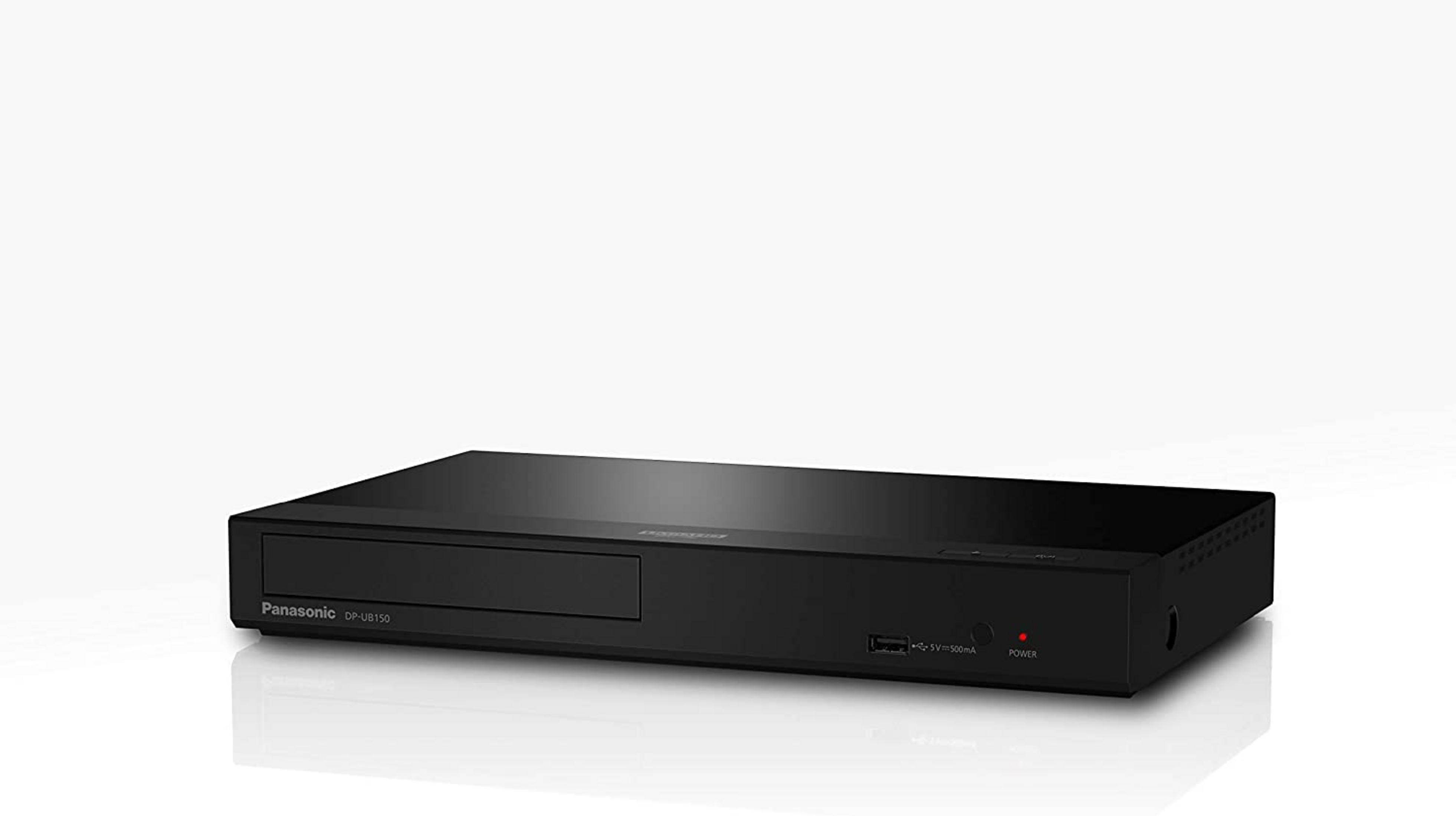 Zwarte Panasonic Blu-ray speler met USB-poort en rode aan/uit-LED.