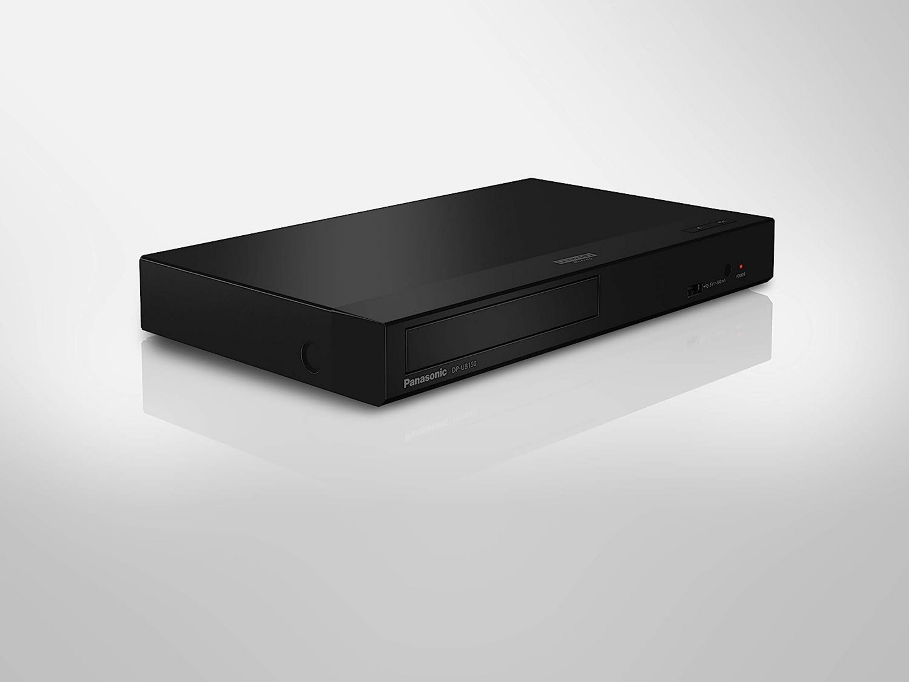 Een slanke zwarte Panasonic DP-UB150 Blu-ray speler.