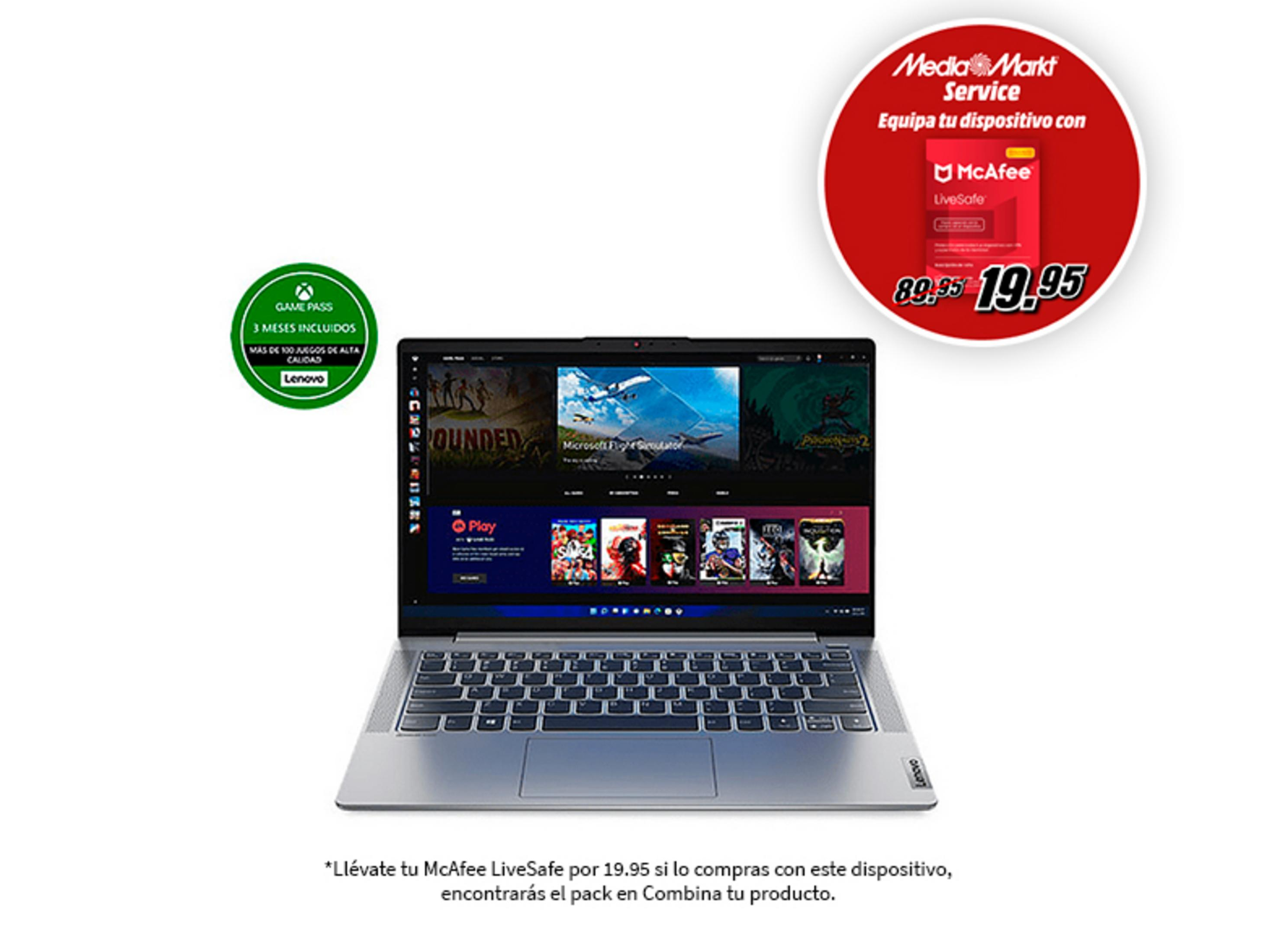 Portátil Lenovo con Xbox Game Pass y oferta McAfee LiveSafe. Precio 19,95.