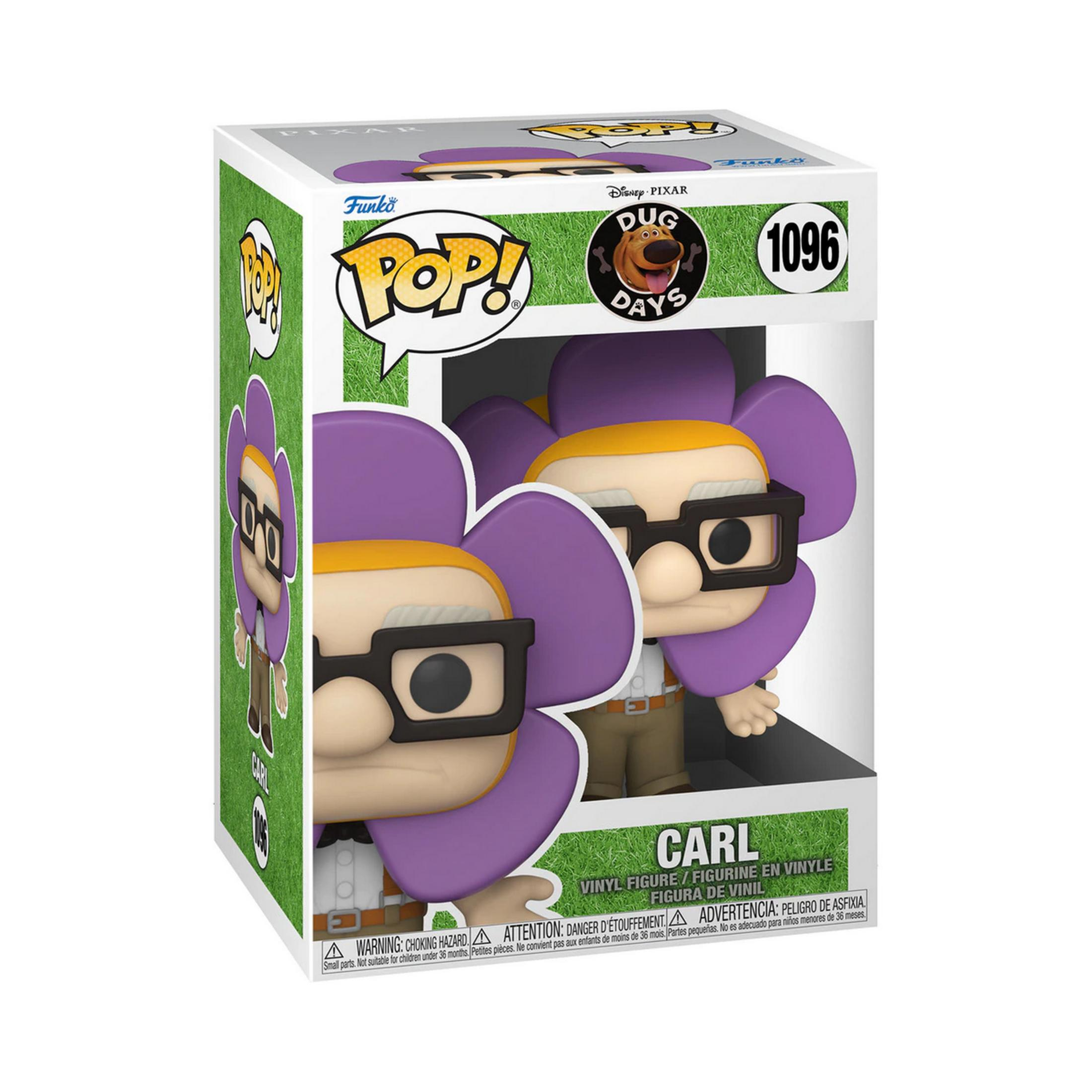 Funko Pop! Carl Figur im Karton, mit lila Blume und Disney Pixar Logo.