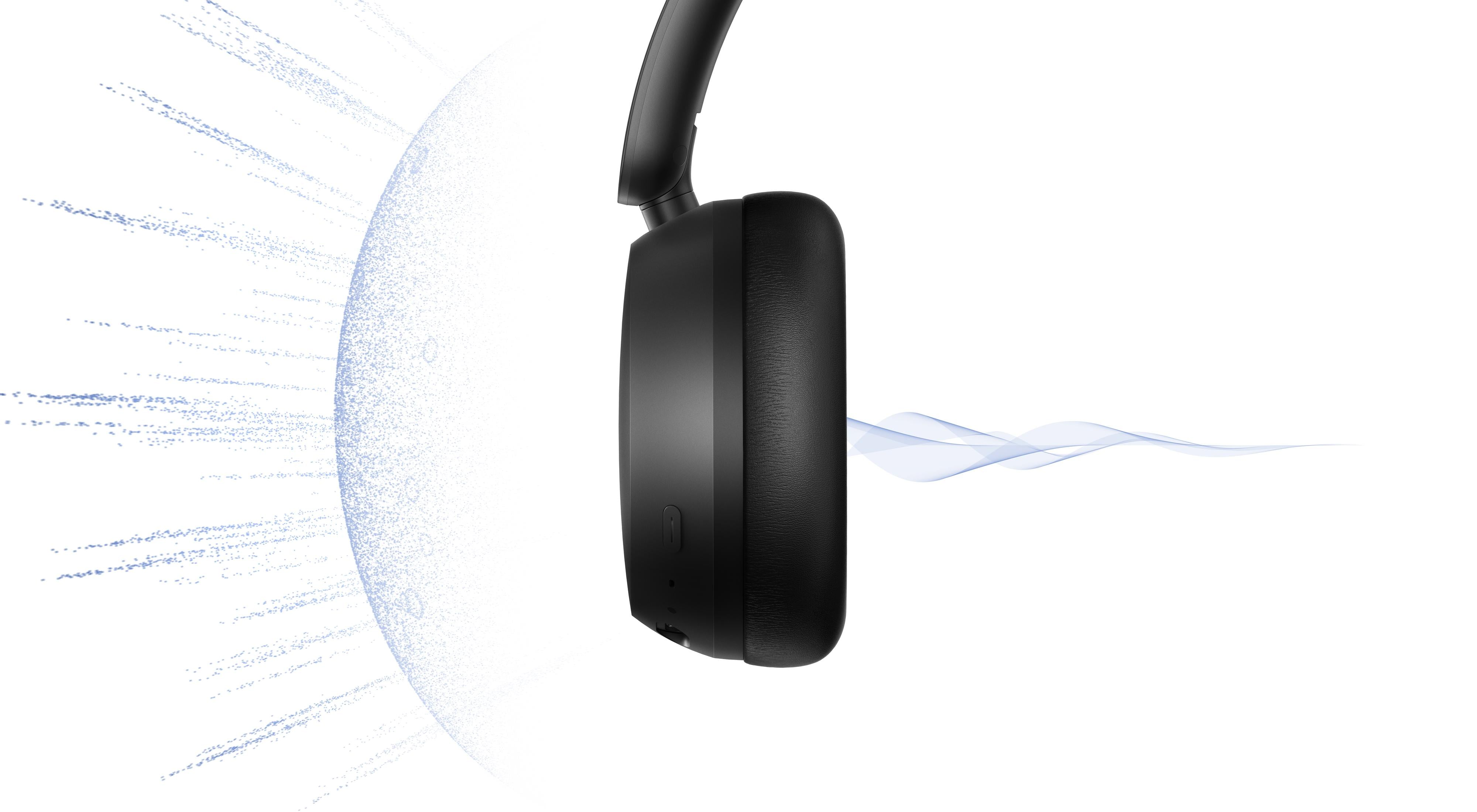 Auriculares negros con ondas azules y efectos de partículas.
