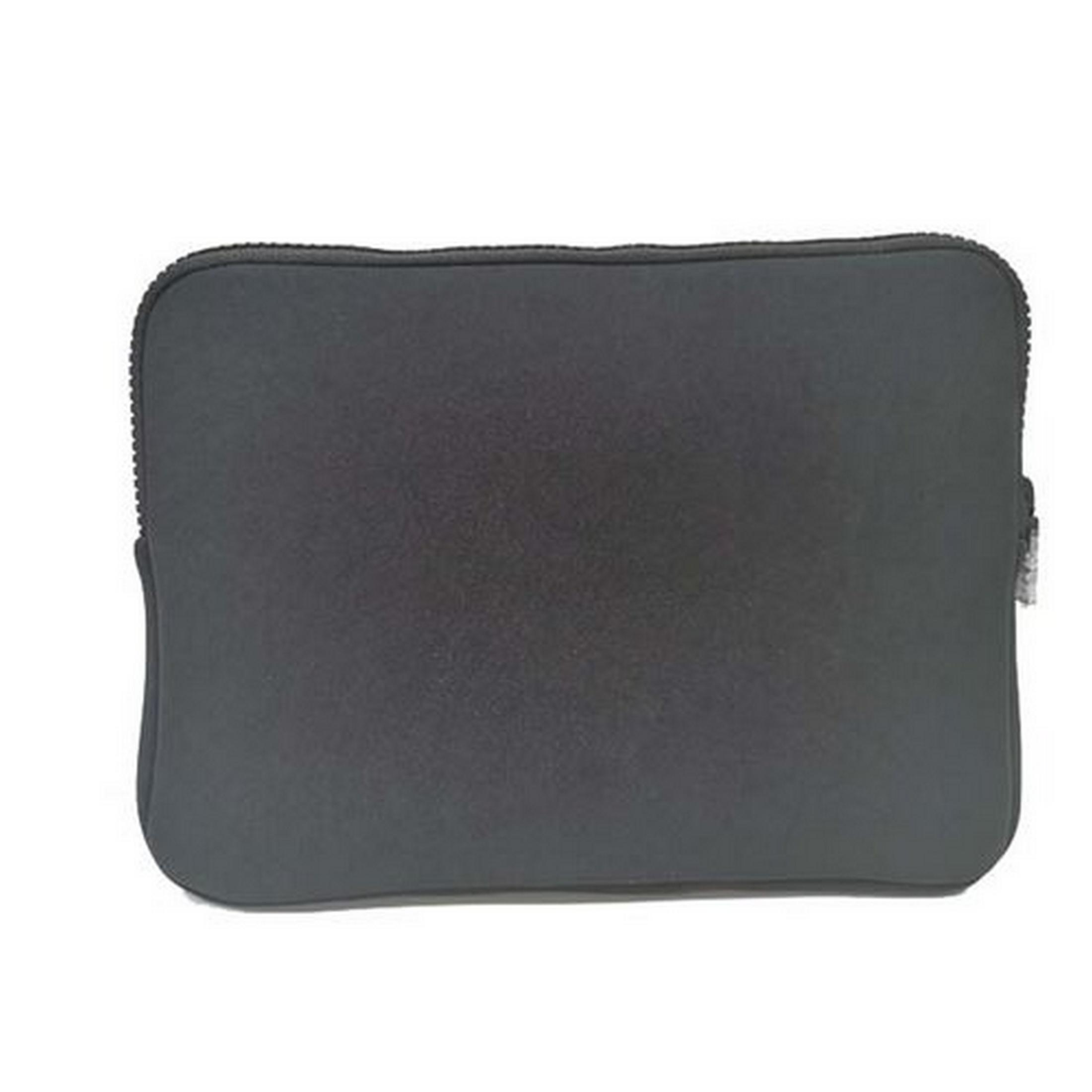 Una custodia per laptop grigio scuro con cerniera.