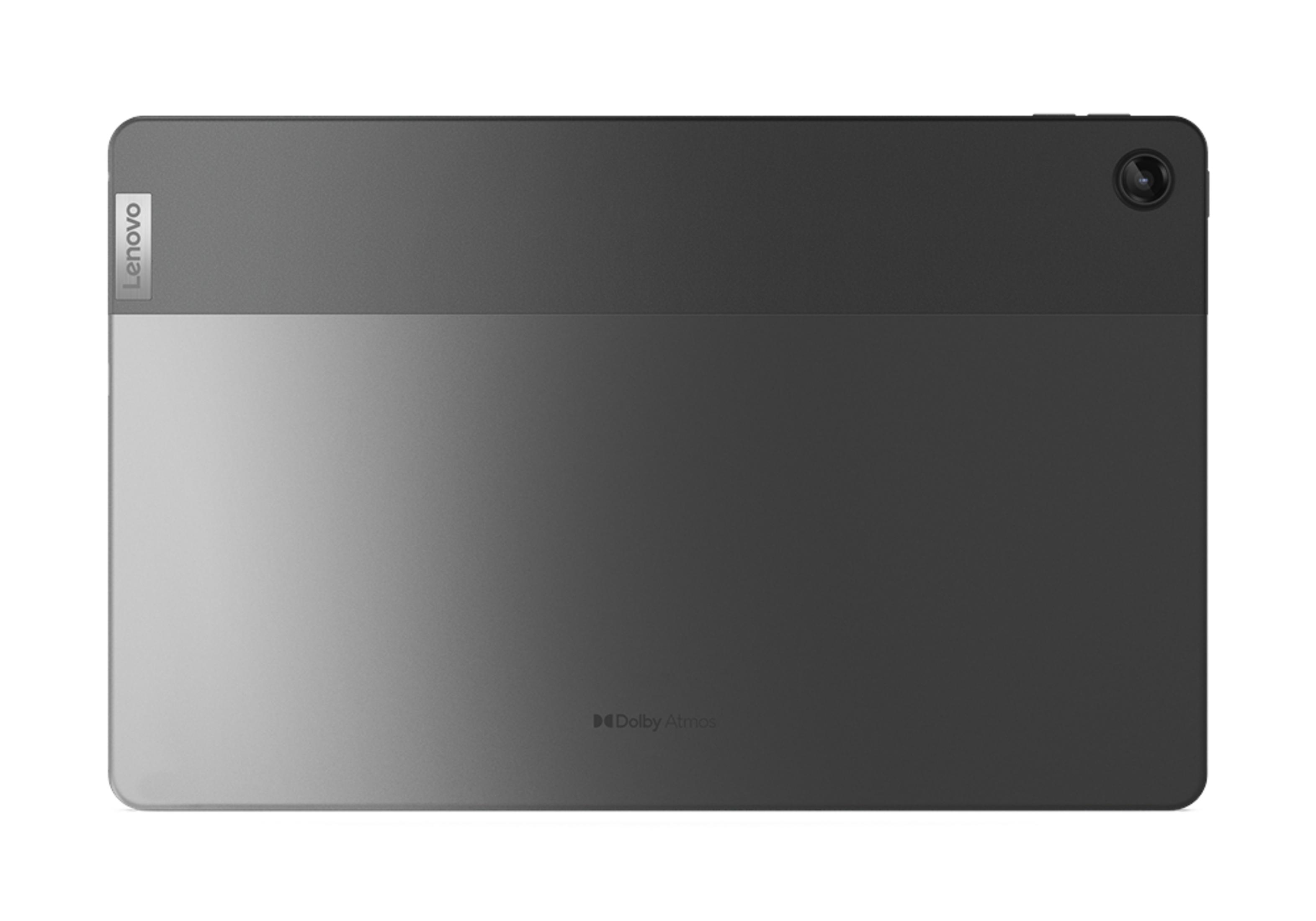 Retro di un tablet Lenovo grigio con fotocamera e logo Dolby Atmos.