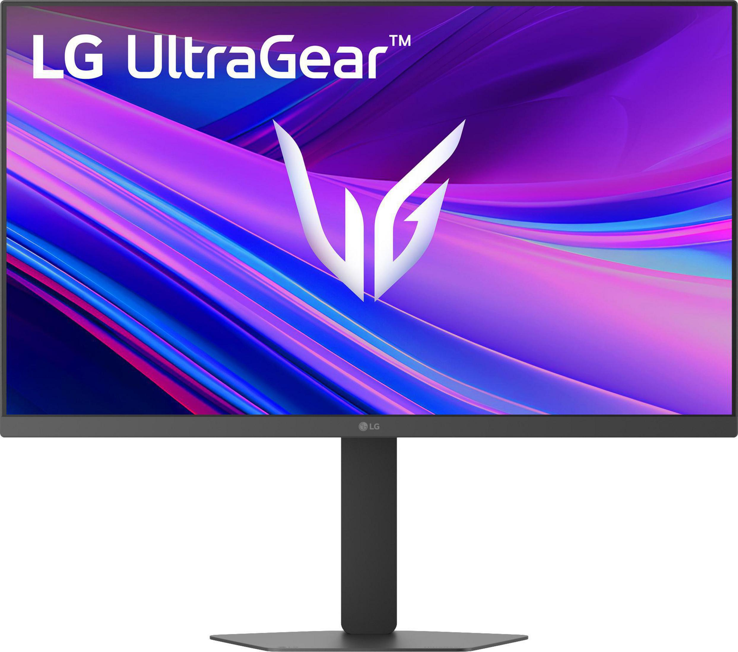 Monitor LG UltraGear z białym, stylizowanym logo na niebiesko-fioletowym tle.