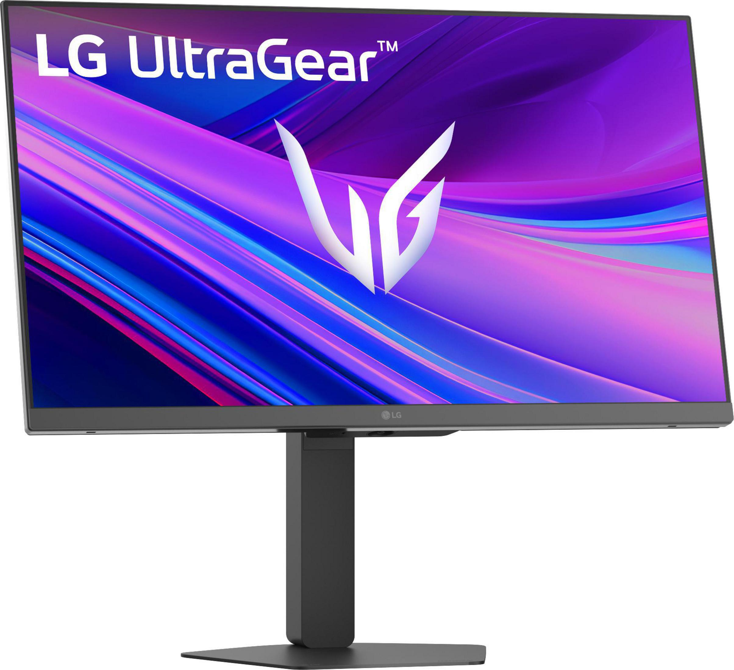 Monitor LG UltraGear z kolorowym tłem i białym logo.