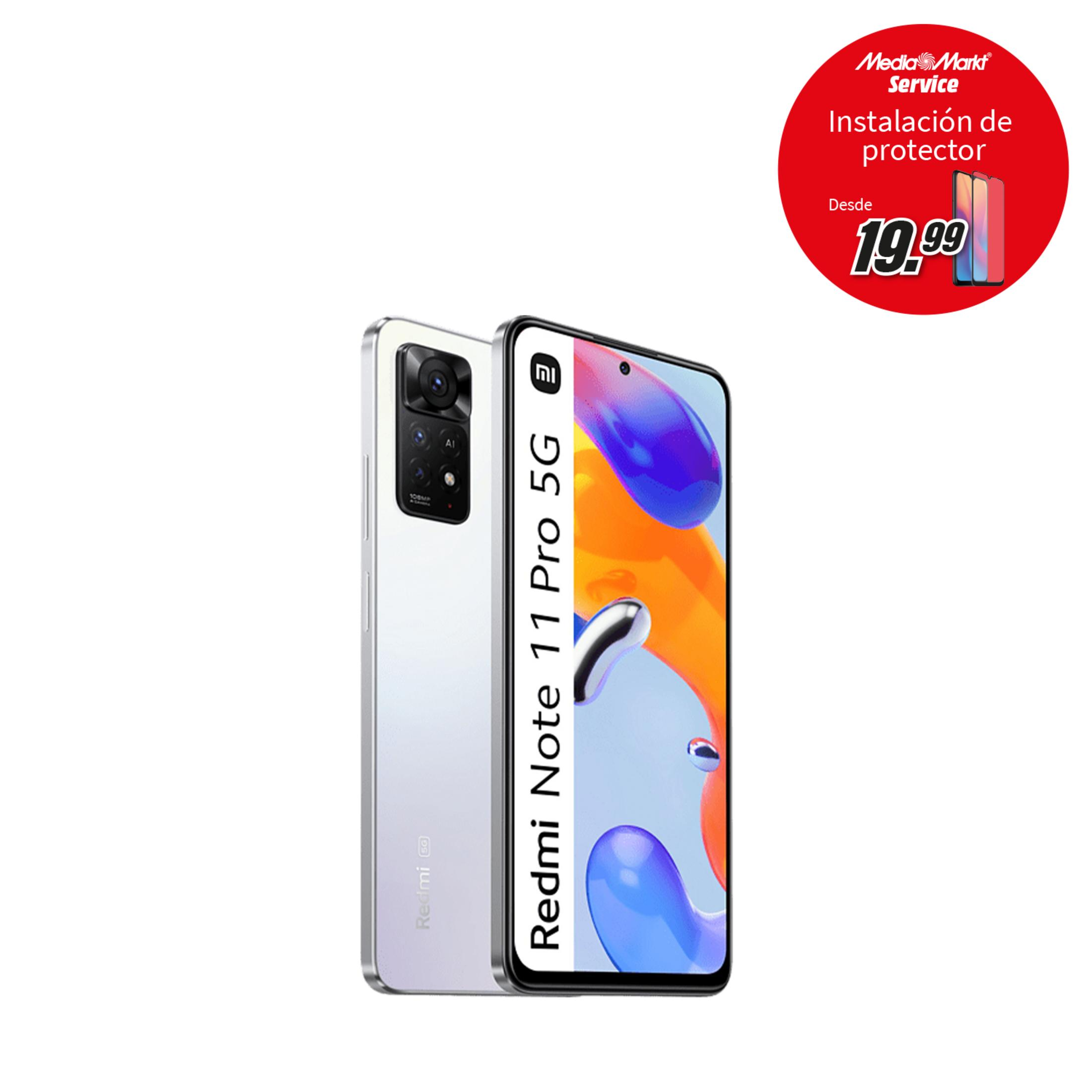 Ein silbernes Xiaomi Redmi Note 11 Pro 5G Handy mit einem roten Kreis, der Werbung macht.