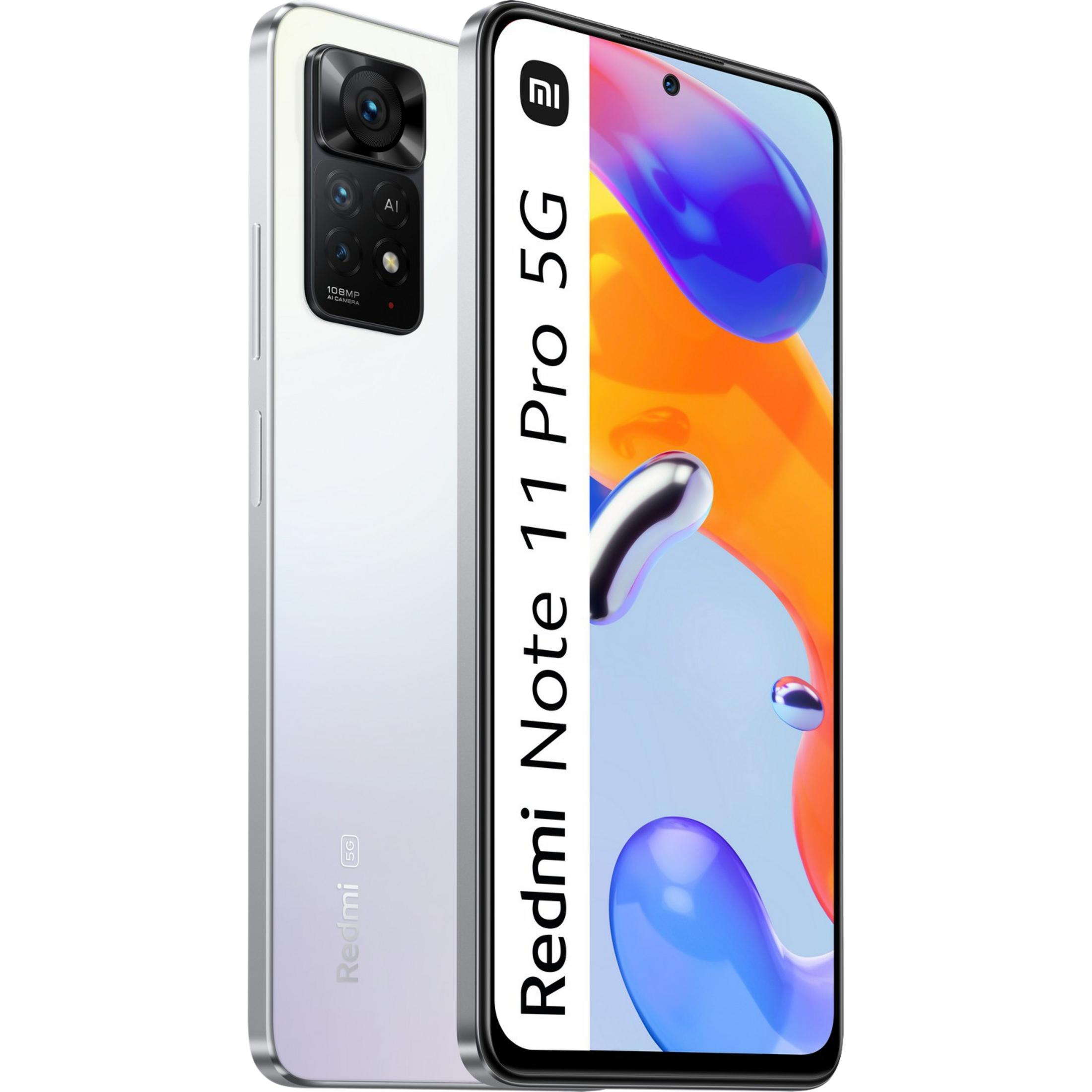 Ein weißes Redmi Note 11 Pro 5G Handy von vorne und hinten gezeigt. Die Rückseite hat ein Kameramodul.