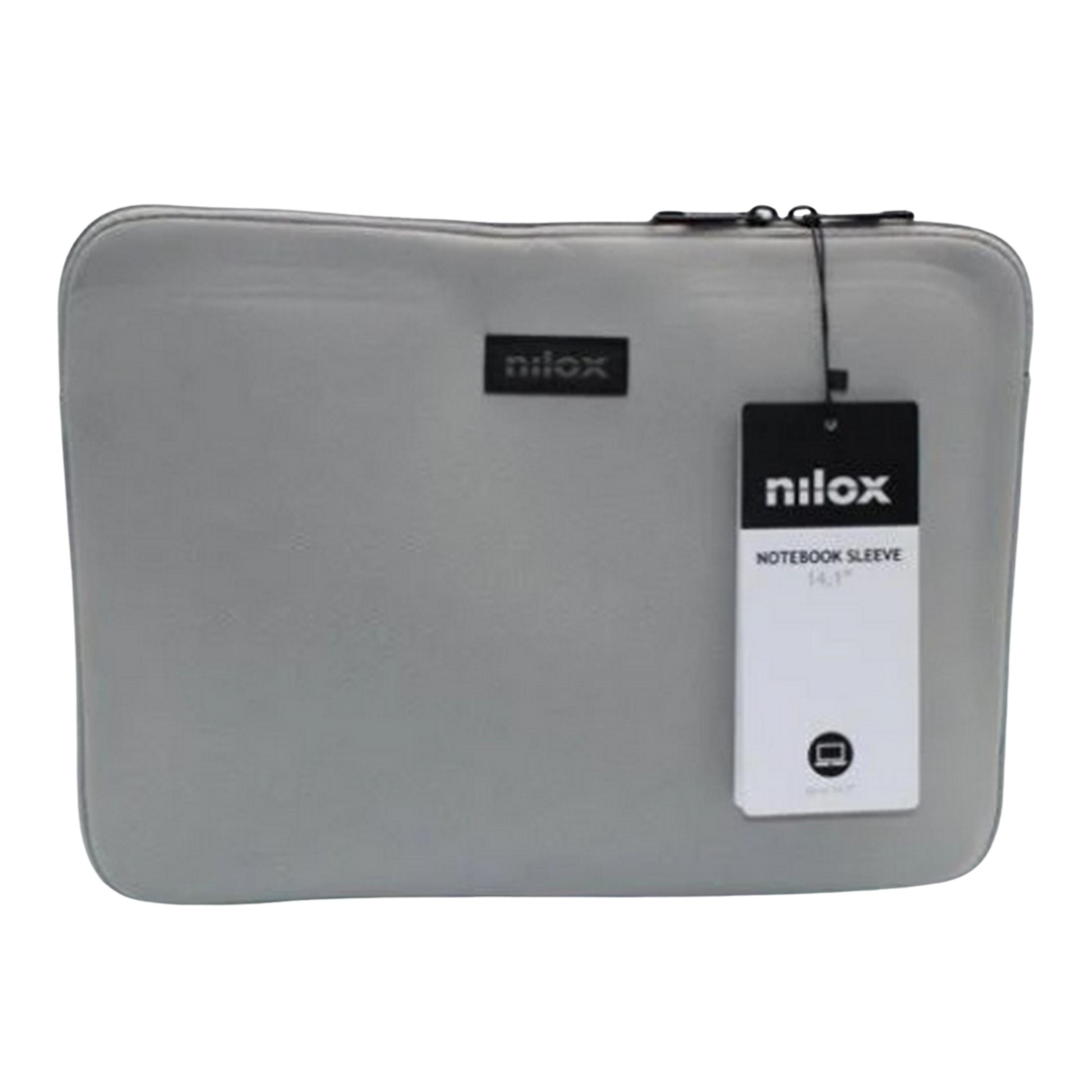 Una custodia rettangolare grigio chiaro per laptop con cerniera nera ed etichetta.