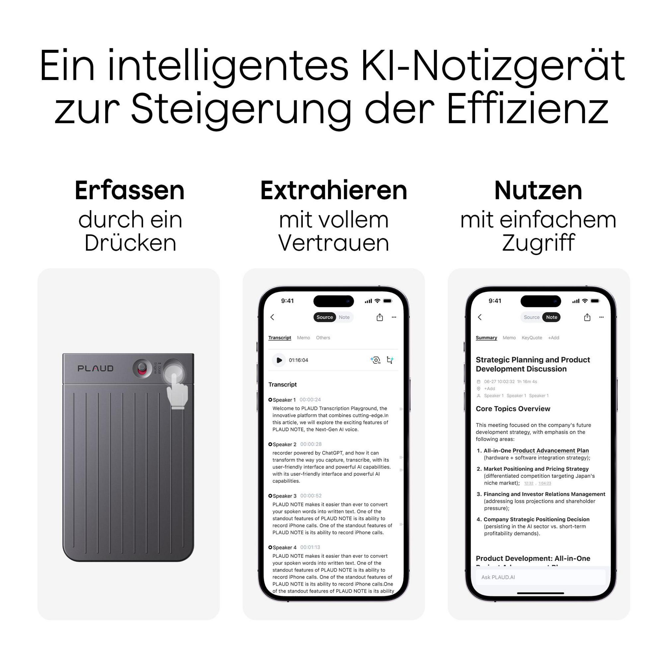 Graues PLAUD-Gerät neben zwei Smartphone-Screens, die KI-Funktionen zeigen.