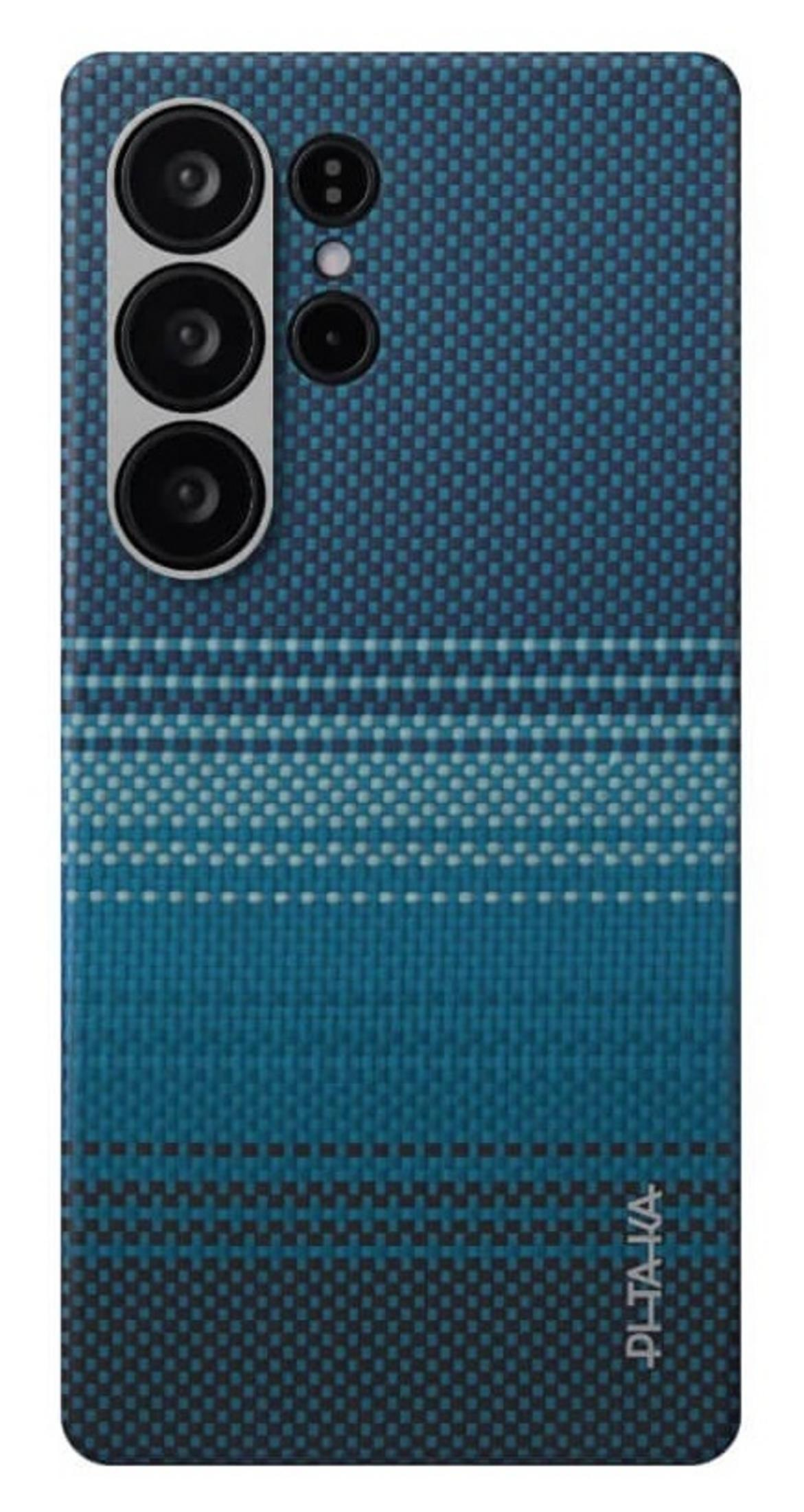 Una funda de teléfono con patrón a cuadros azul y rayas horizontales.