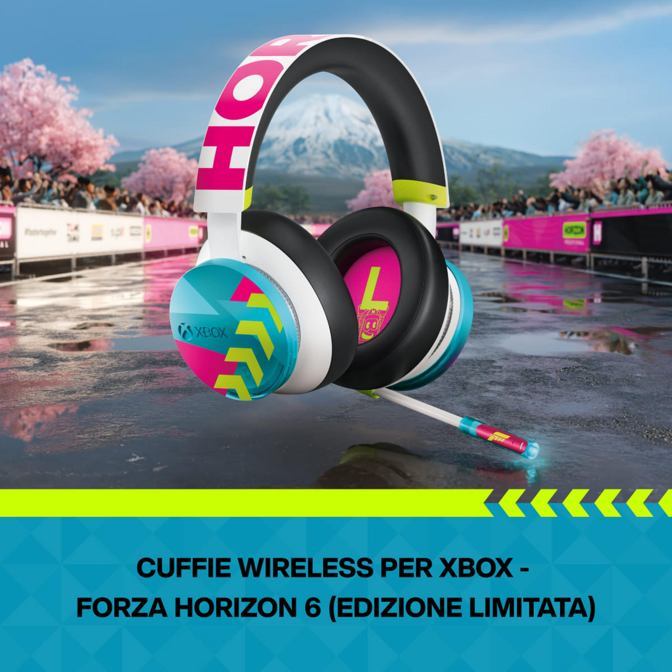 Cuffie Xbox bianche con scritta rosa "OH", design blu-verde e microfono.