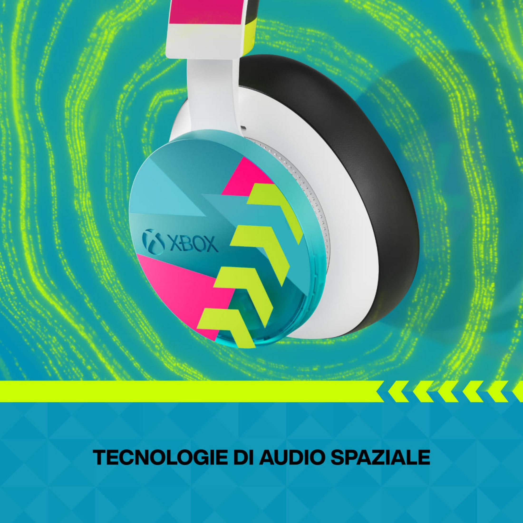 Cuffie Xbox con design blu, rosa e verde su sfondo turchese.