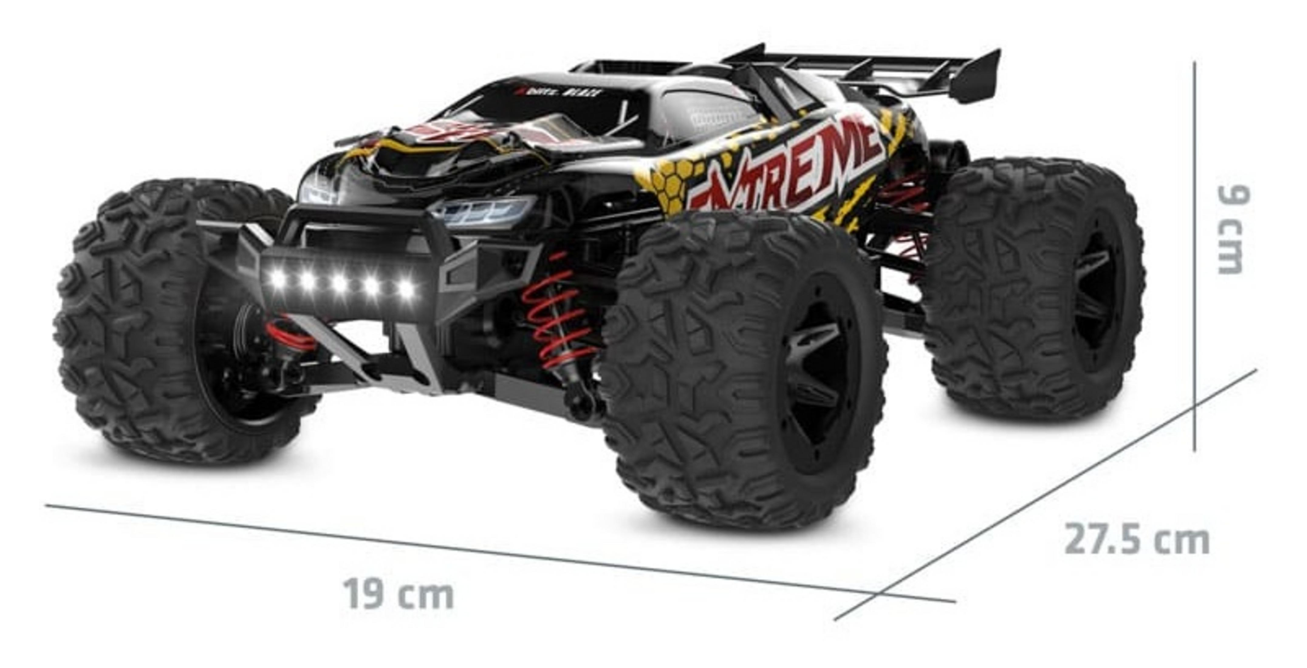 Czarny monster truck zdalnie sterowany z czerwonymi sprężynami, żółtymi akcentami i napisem "EXTREME".