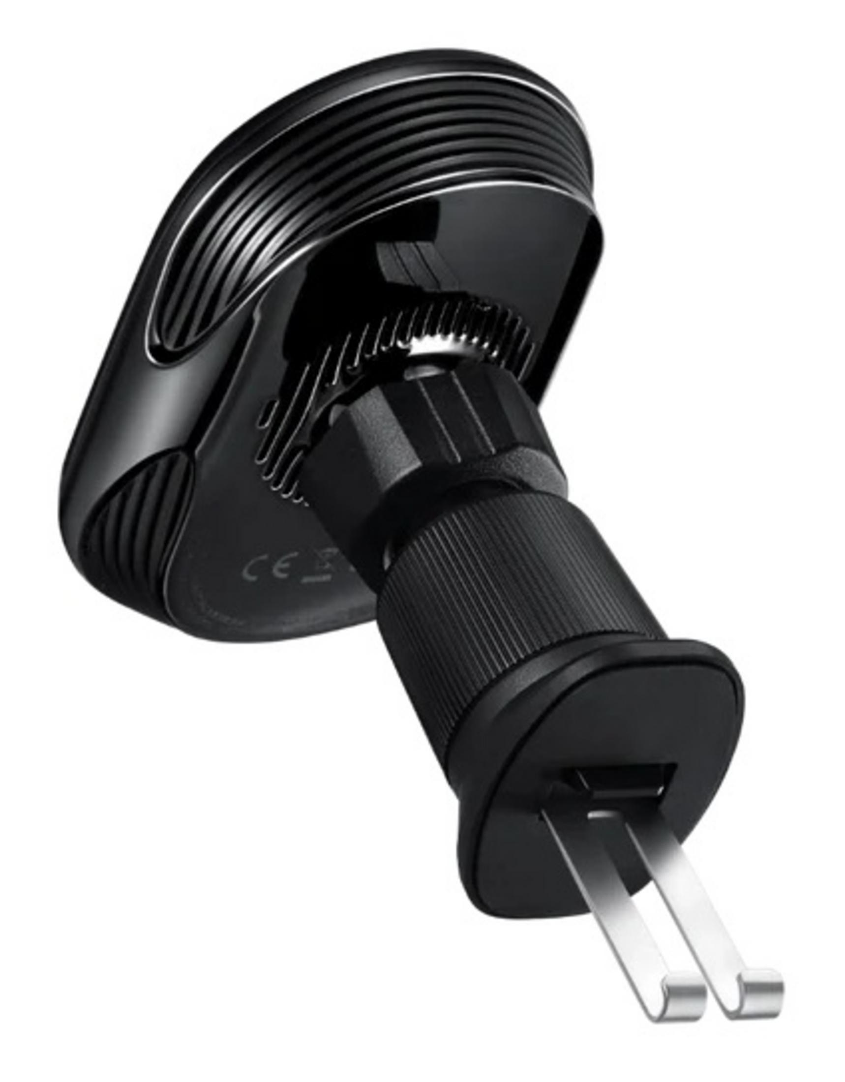 Soporte negro para teléfono en rejilla de ventilación con brazo ajustable.
