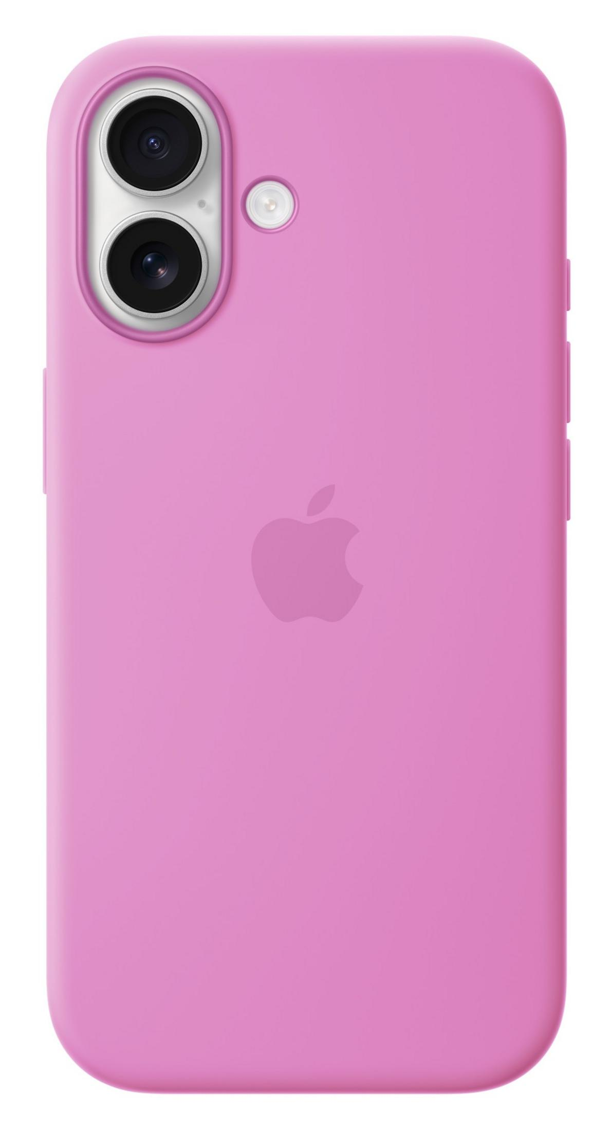 Eine rosafarbene Handyhülle mit Apple-Logo und Kamerabereich.