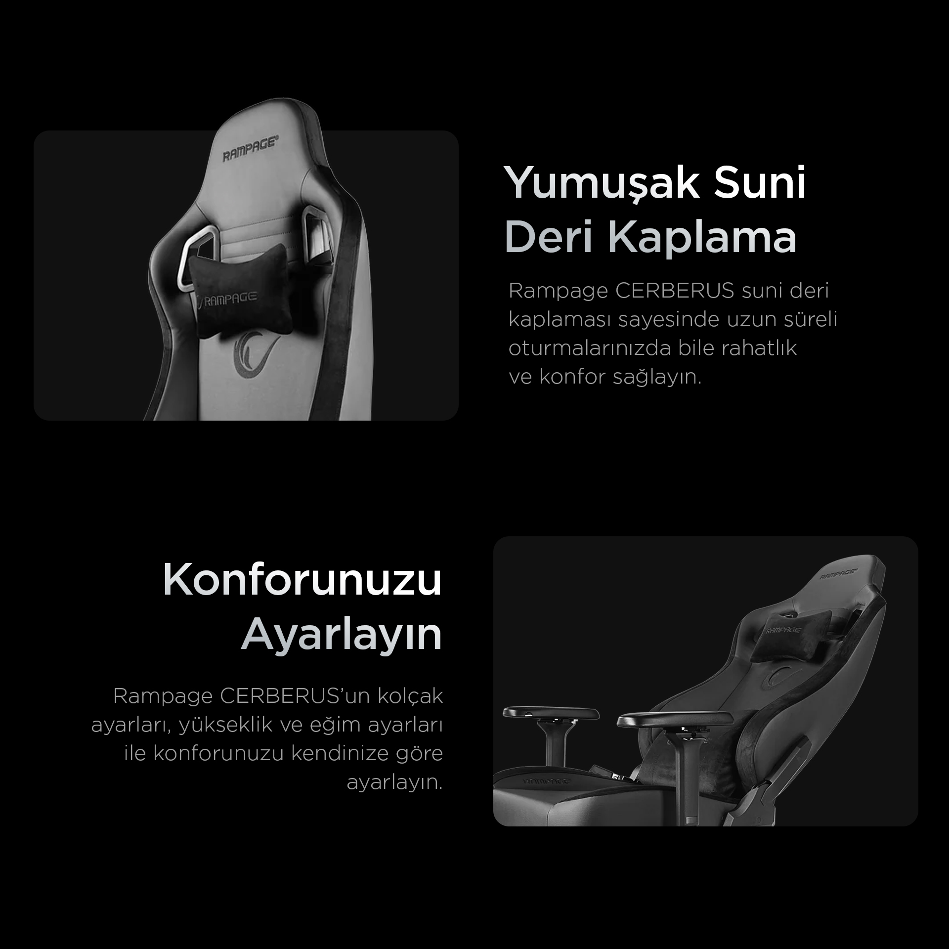 Konfor için yumuşak suni derili ve ayarlanabilir kolçaklı siyah oyuncu koltuğu.