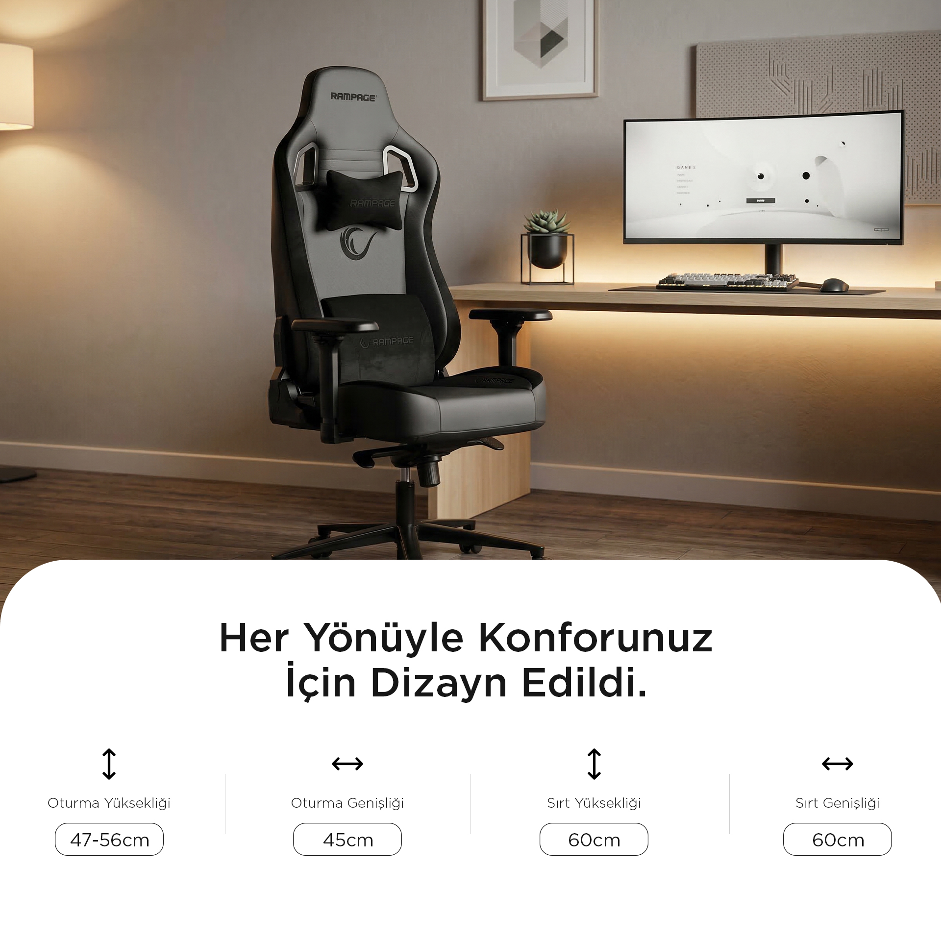 Bel yastıklı, ayarlanabilir yükseklik, genişlik ve sırtlığa sahip siyah oyuncu koltuğu.