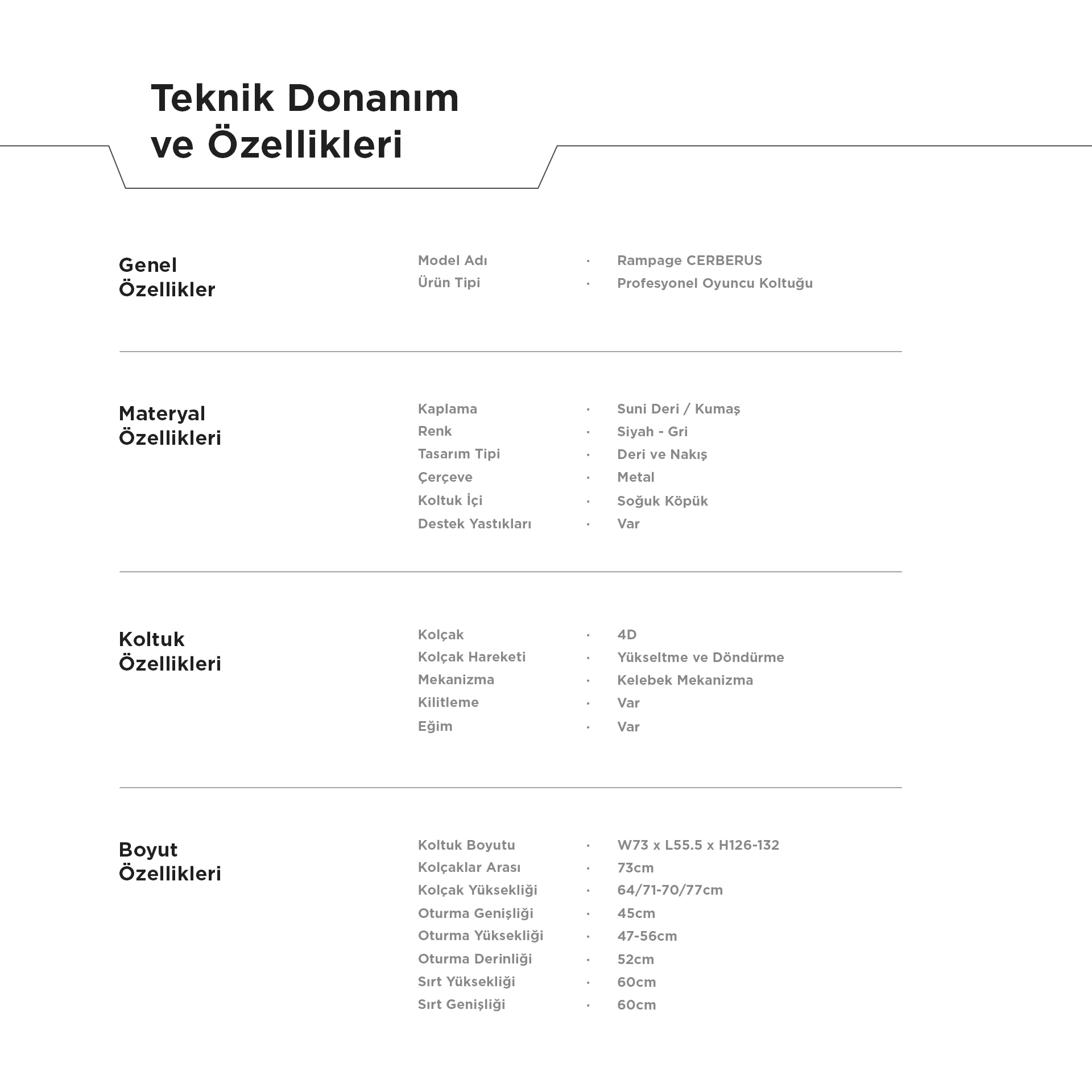 Teknik özellikler: Model Rampage CERBERUS, oyuncu koltuğu, suni deri/kumaş, siyah/gri.