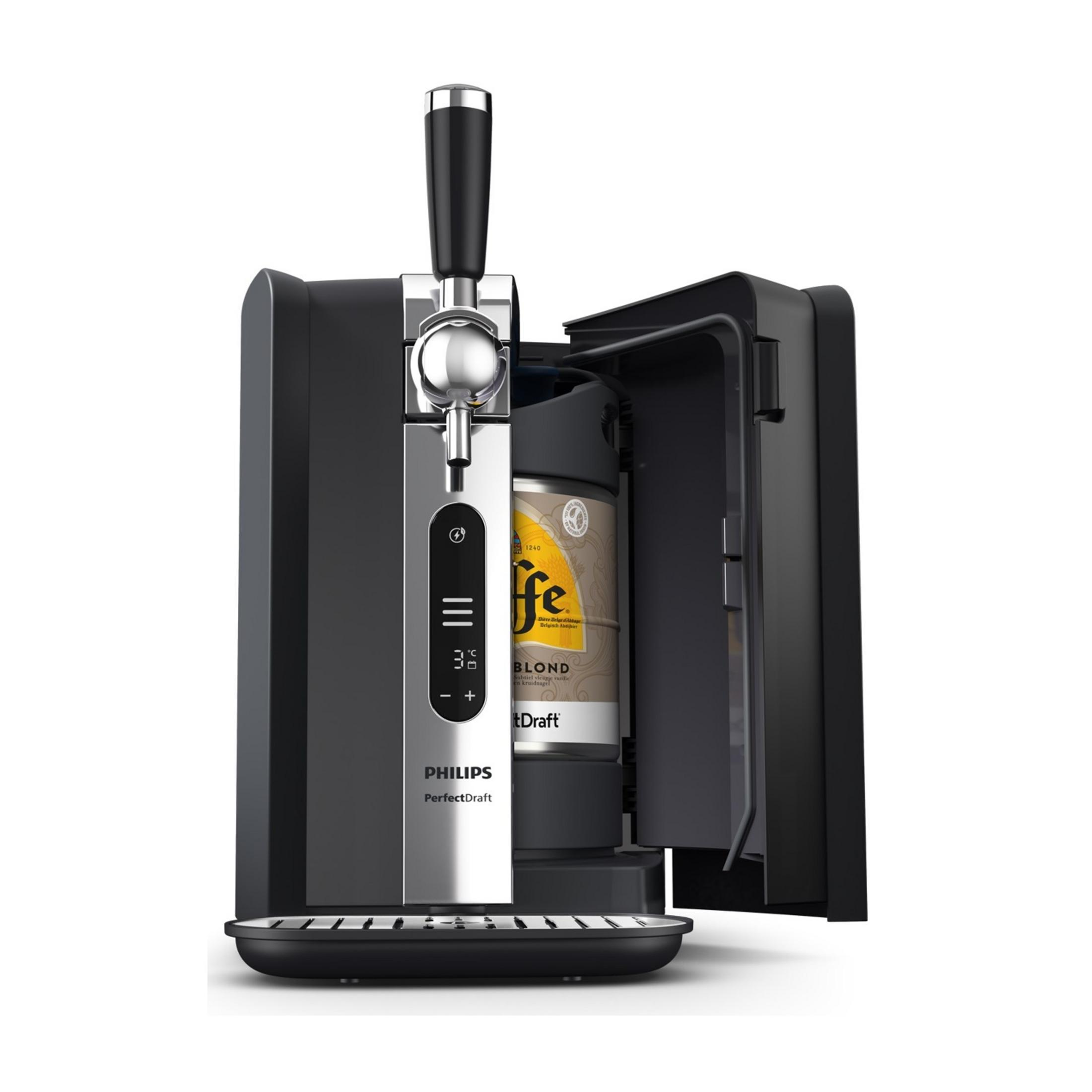 Un spillatore di birra Philips PerfectDraft nero con un fusto di birra all'interno.