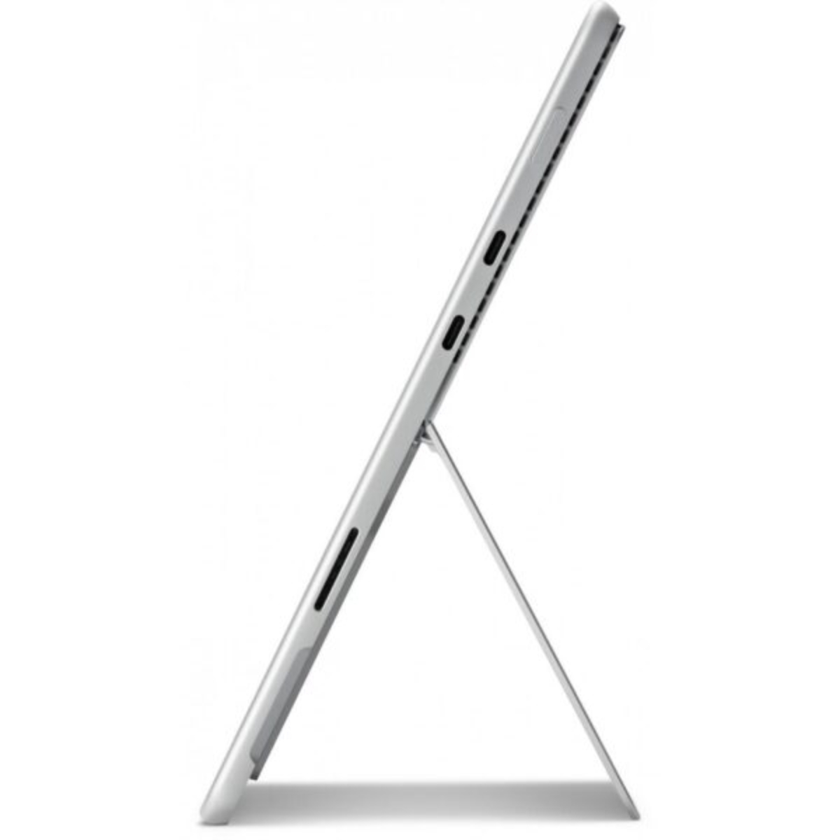 Silbernes Tablet mit ausklappbarem Ständer, seitliche Ansicht.
