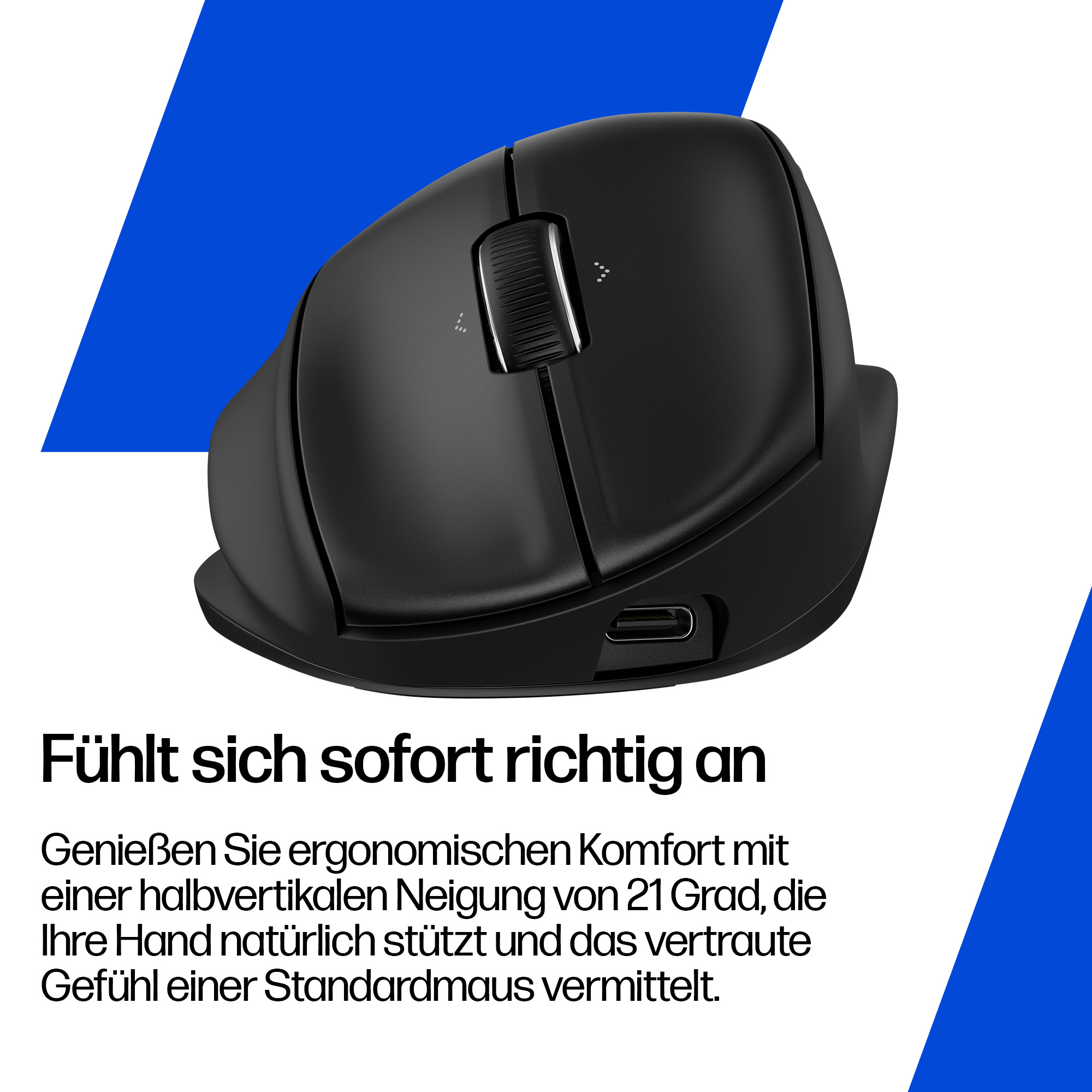 Czarna ergonomiczna mysz z kółkiem i portem USB-C na białoniebieskim tle.