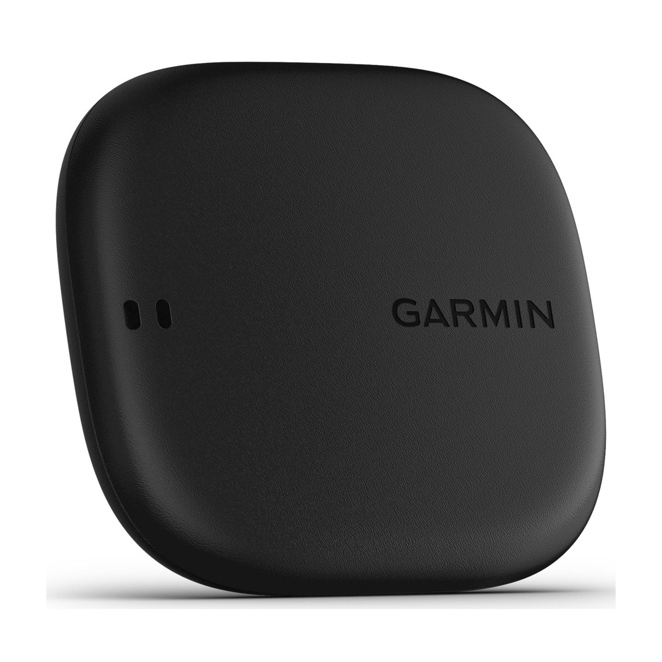 Dispositivo Garmin nero con due fori ovali e logo.