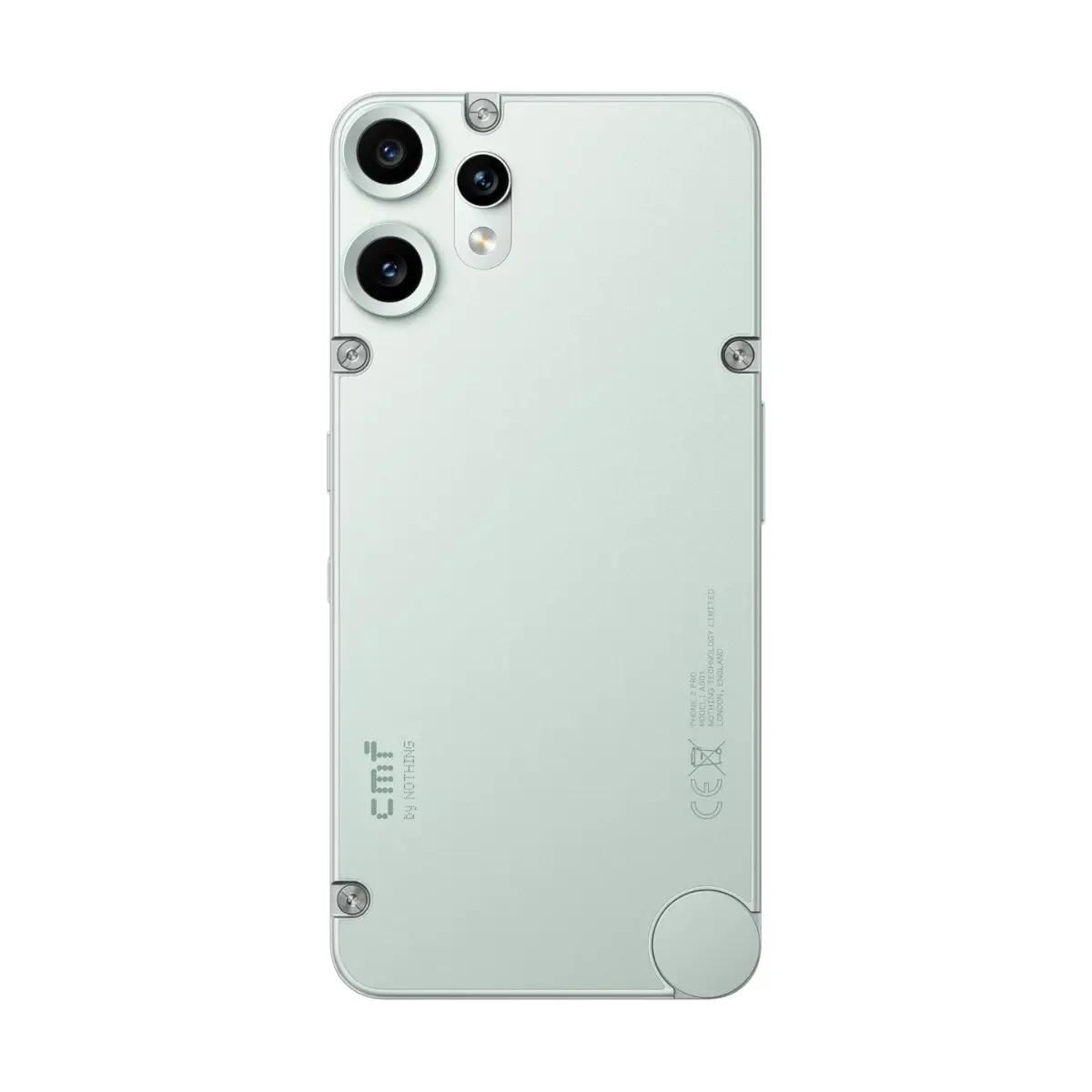 Retro di uno smartphone verde chiaro con doppia fotocamera e viti a vista.