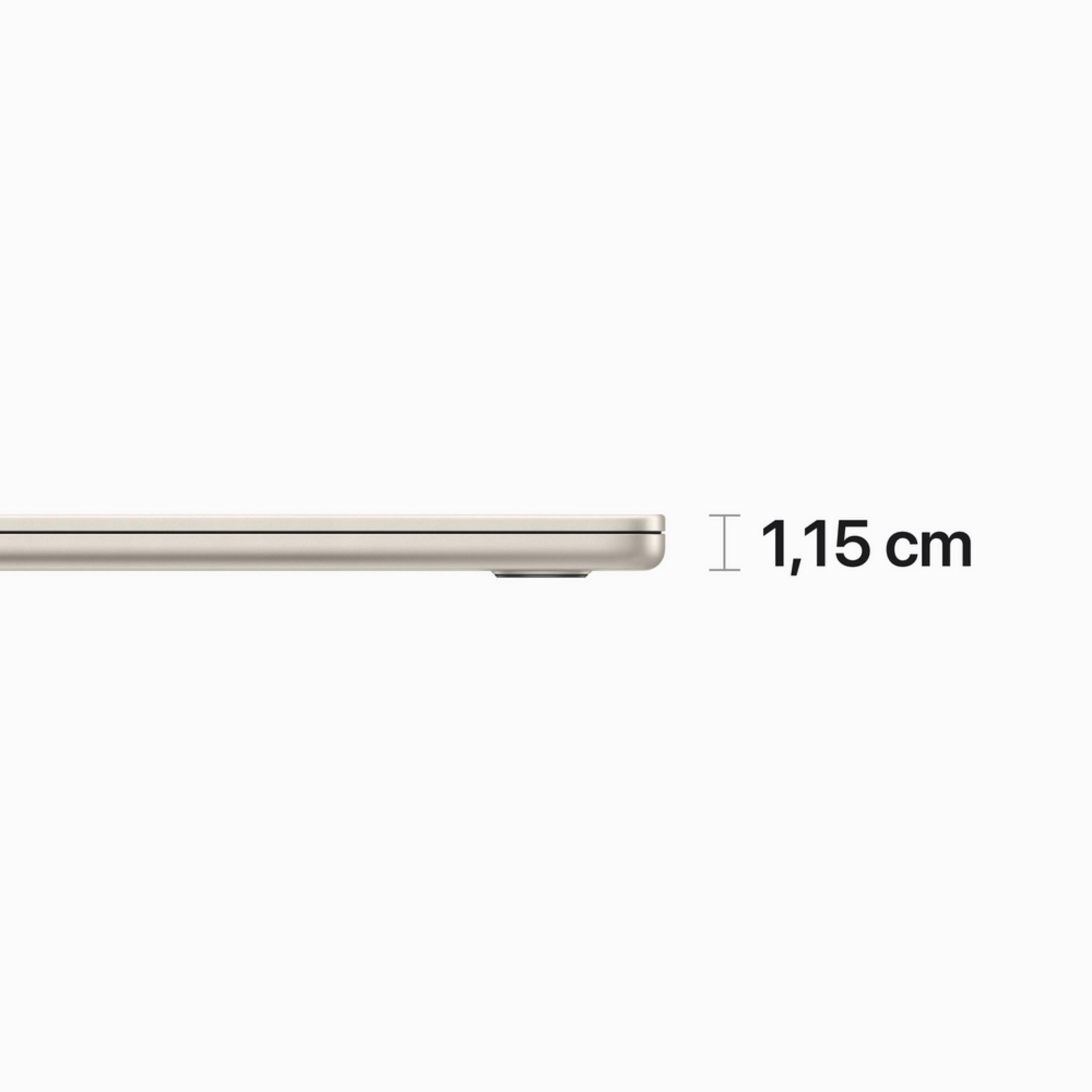 Il corpo di un laptop sottile e di colore chiaro è mostrato con uno spessore di 1,15 cm.