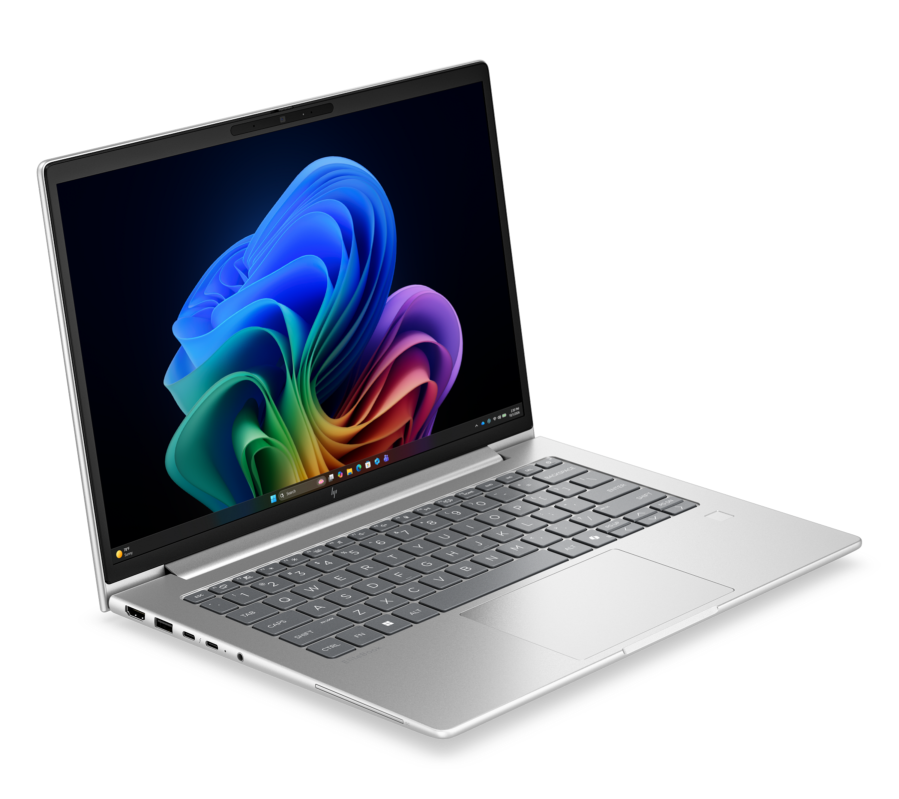 Un laptop argentato con uno sfondo colorato sullo schermo.