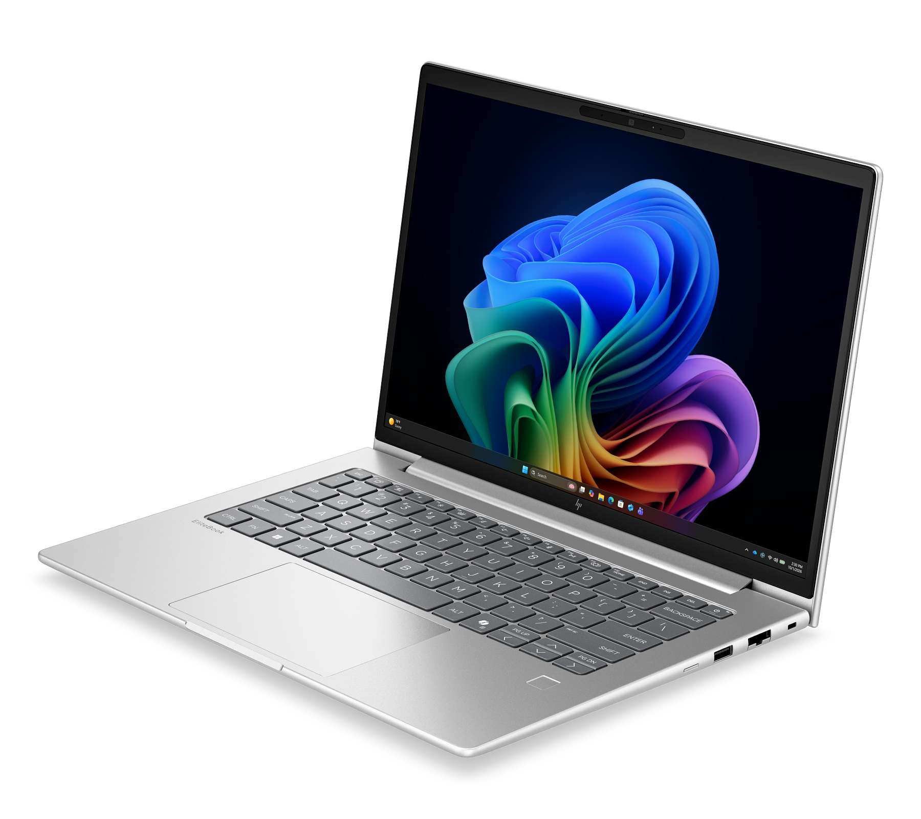 Un laptop argento aperto mostra uno sfondo colorato sullo schermo.