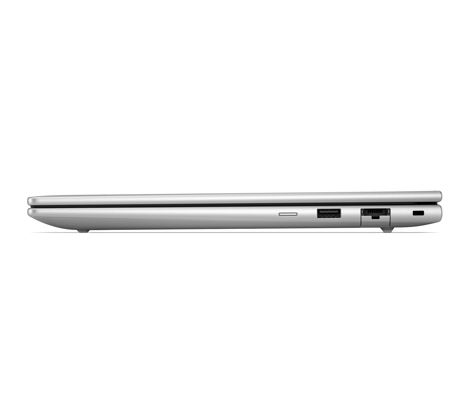 Vista laterale laptop argento con porte: lettore SD, USB, Ethernet, jack audio.