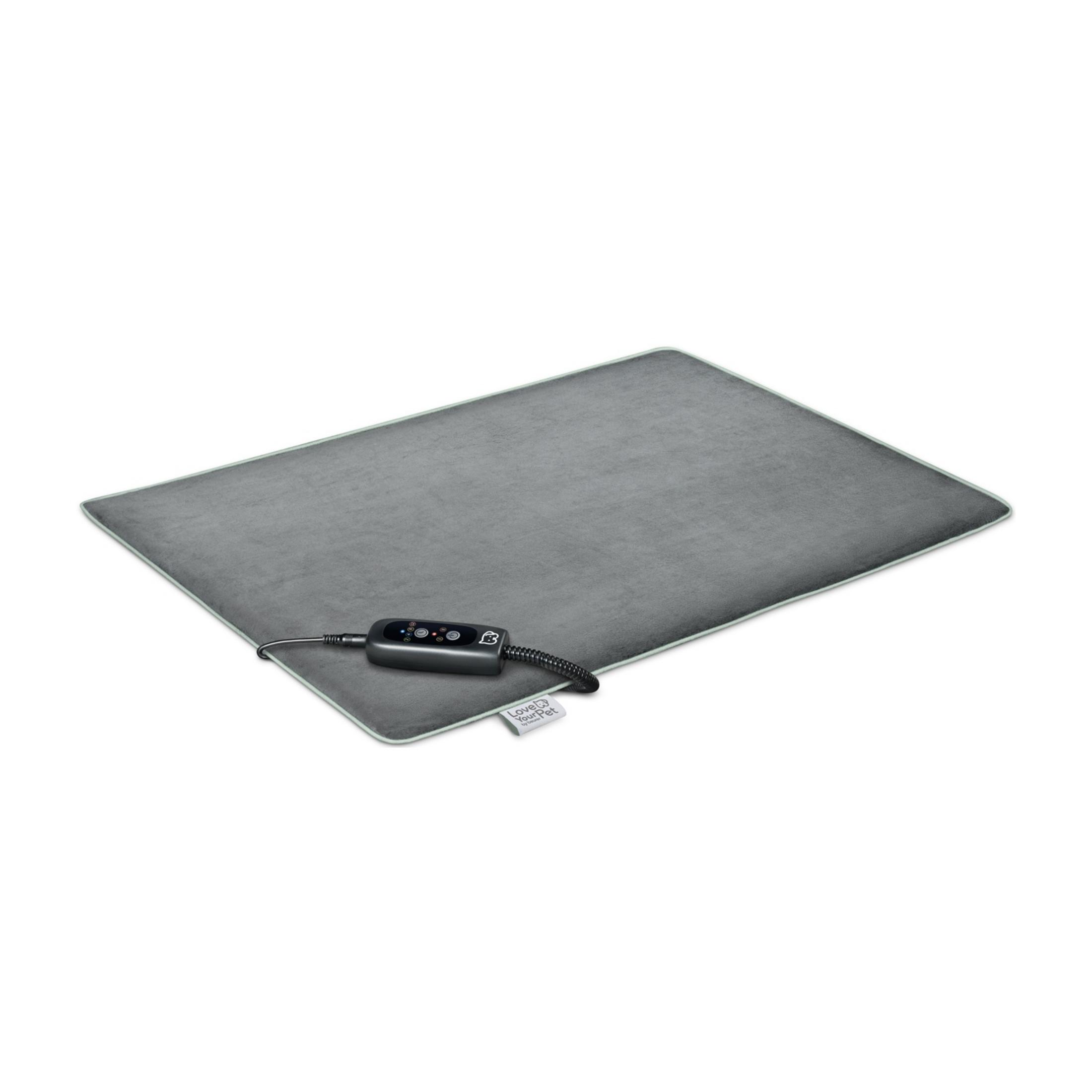 Graue Heizdecke mit schwarzer Steuereinheit und Kabel.